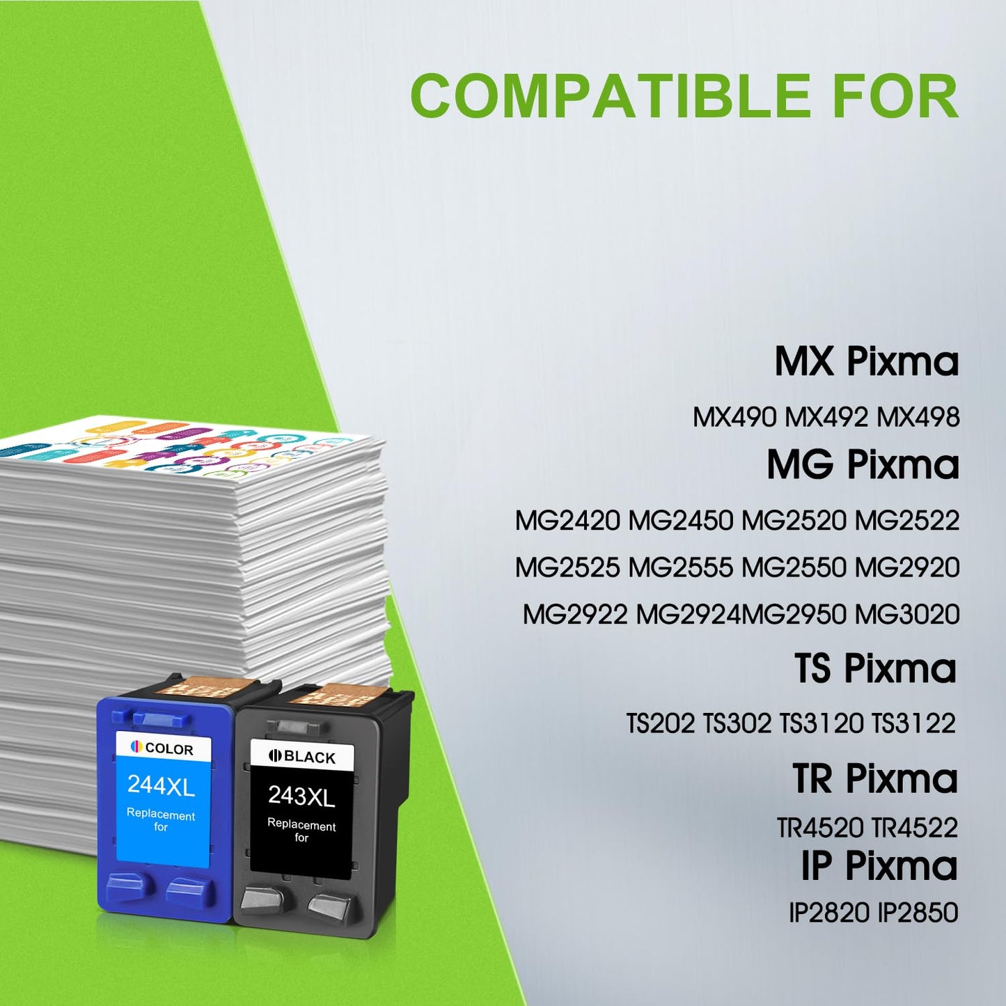 PG-243XL/CL-244XL Ink Cartridges Replacement for Canon 243 and 244 Value Pack Work with Pixma TS3429 TS3420 MG3022 MG2522 TS202 TR4527 TR4520 TR4522 MG2922 MG2920 MX492 Printer (1 Black, 1 Tri-Color）