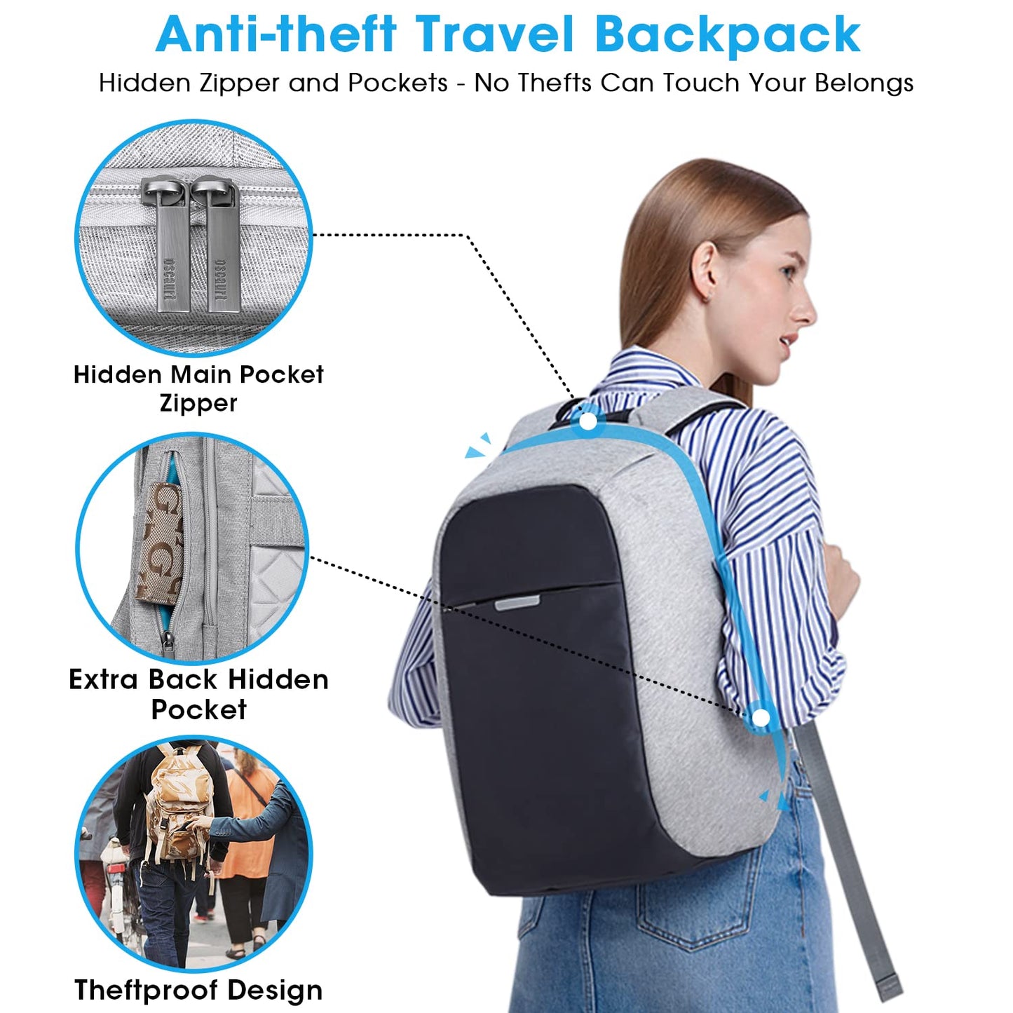 Anti Theft Backpack - 15.6 Inch Laptop Travel Backpack with Hidden Zipper and USB Charging Port - Waterproof Business Computer Bag for Men & Women