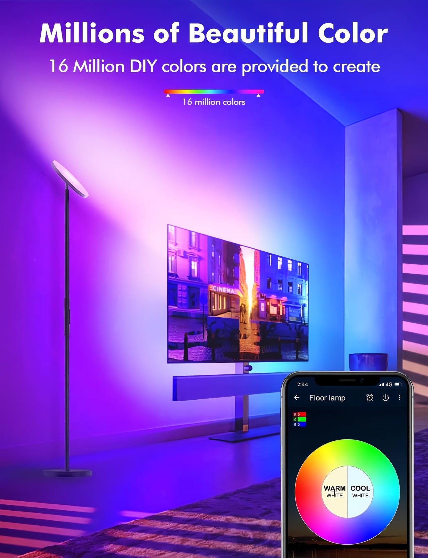 Nowepai Smart RGB Floor Lamp with APP & Remote, 67" Modern Standing Light with Stepless Dimmable Brightness, 36W 3600LM Super Bright LED for Living Room, Bedroom, Office Corner Lighting