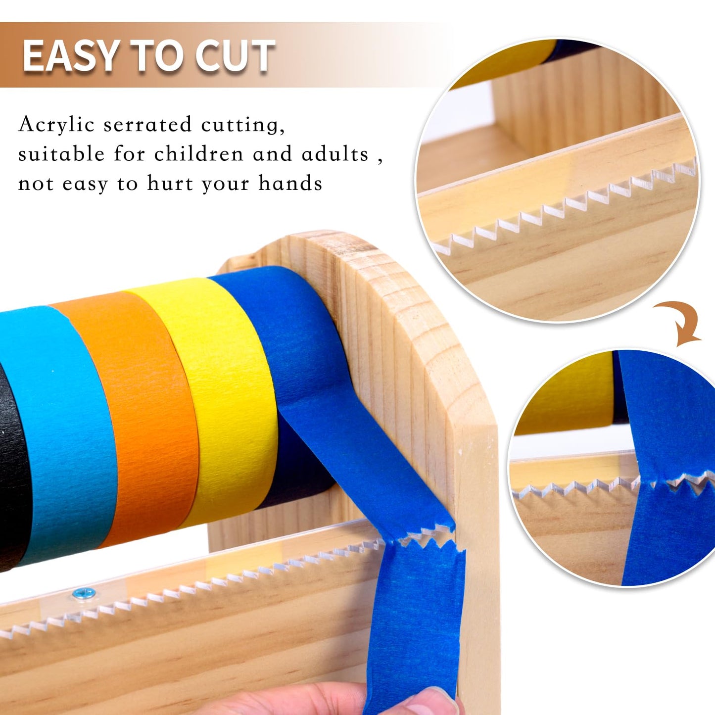 Kids Masking Tape Dispenser, Wooden Multi Roll Craft Tape Dispenser, Washi Tape Holder Organizer, Cutter for Gift Wrapping, Gift for Children Office Home School, Acrylic Serrated Cutter