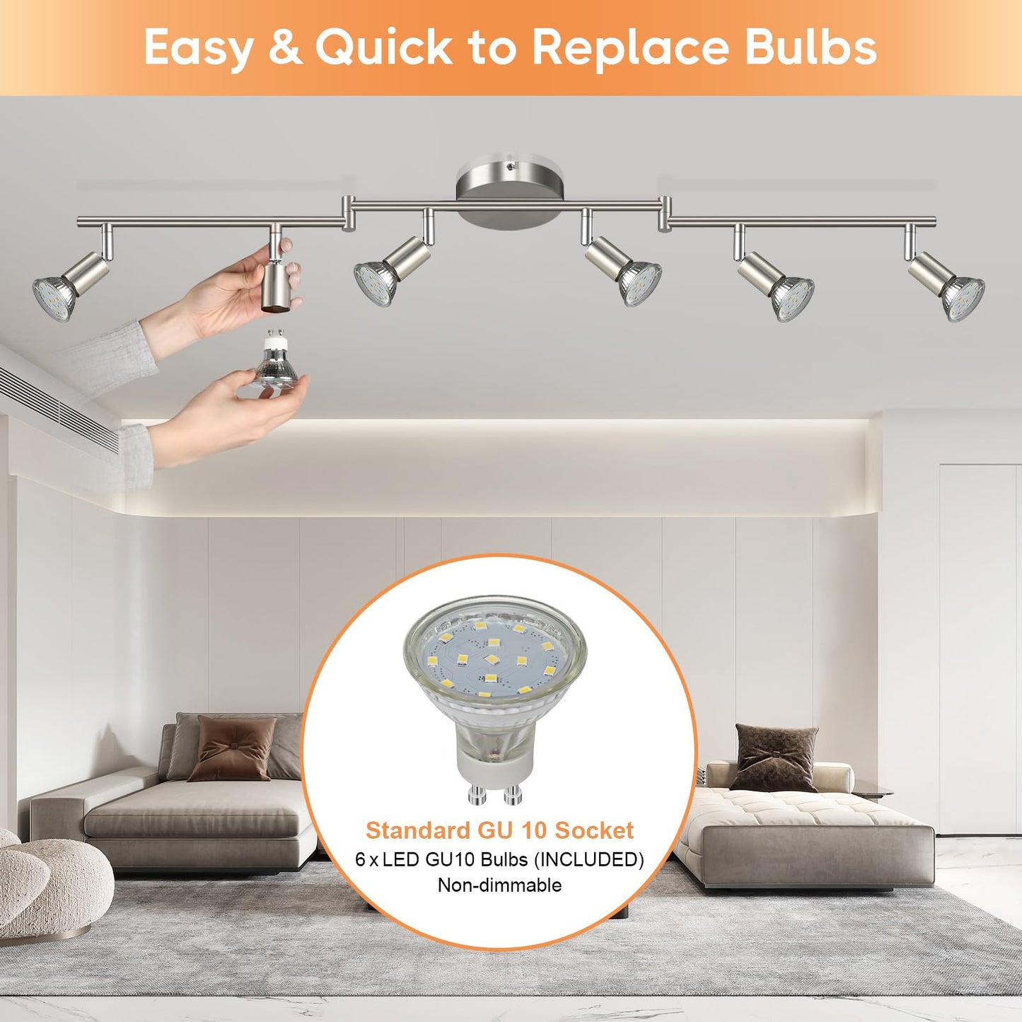 Unicozin 6 Light Track Lighting Kit, Matt Nickel LED Track Light with Flexibly Rotatable Light Head, Foldable Ceiling Spot Light Included LED GU10 Bulbs (4W, 400LM, Daylight White 5000K)