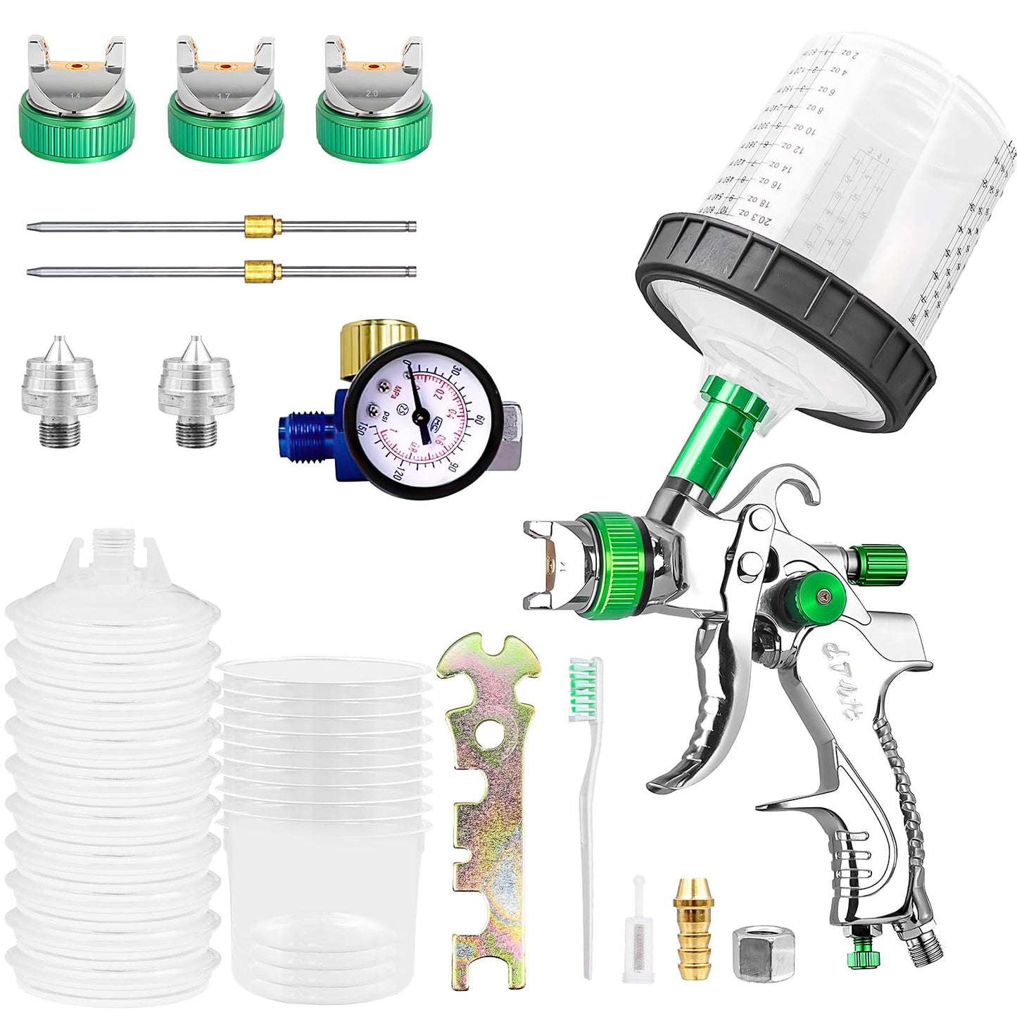 HVLP Spray Gun Kit, Gun Kit with 10pcs 600cc Mixing Cups 1.4/1.7/2mm Nozzles, and Tools, Professional HVLP Sprayer for Automotive, Home and Furniture Coating - Green