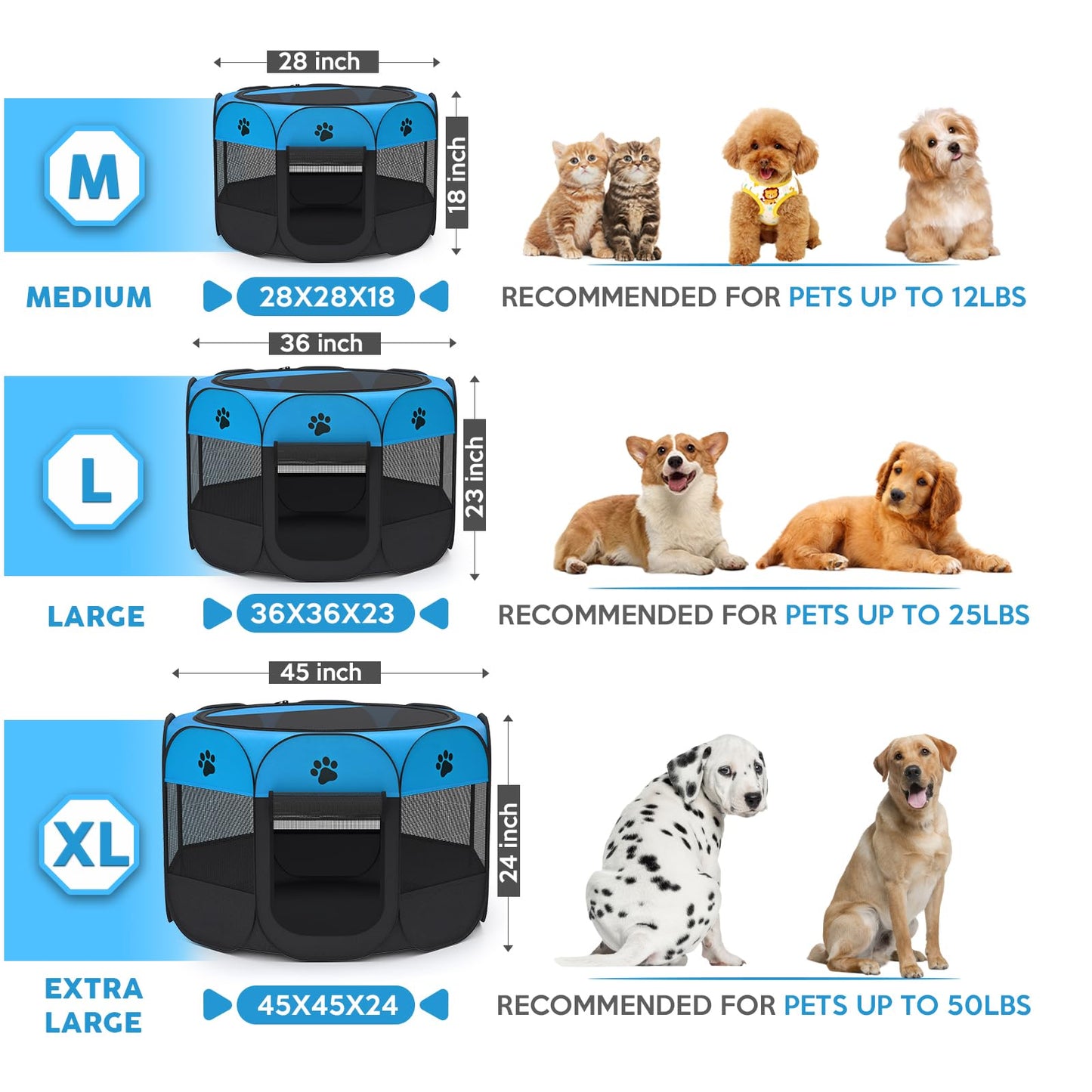 ZuHucpts Portable Foldable Pet Playpen/Dog Puppy Pen/Cat Tent cage | Indoor Outdoor Use | + Travel Bowl (Large 36" x 36" x 23", Bule)