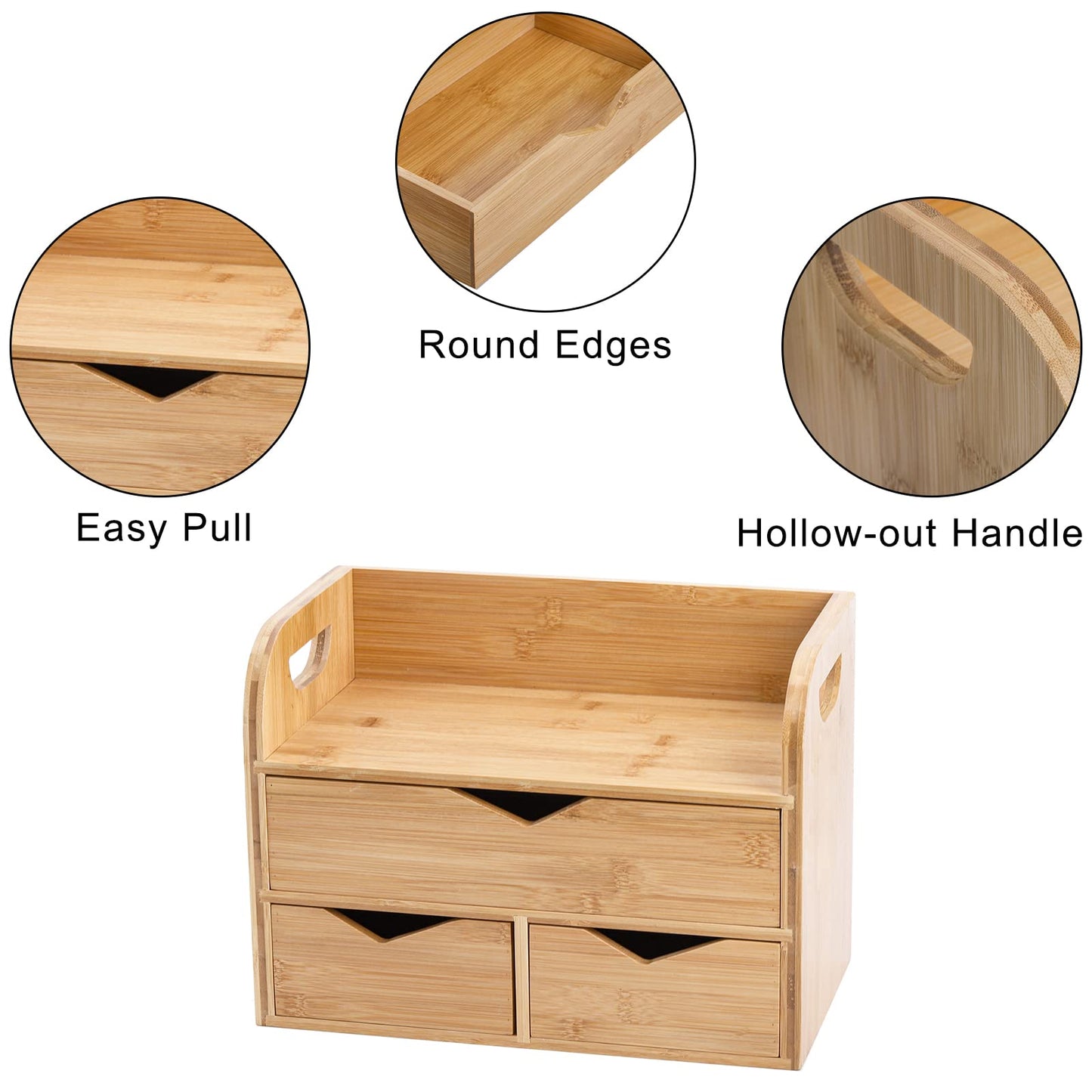 Hacaroa 3 Tier Bamboo Desktop Organizer with 3 Drawers, Mini Tabletop Craft Box Cosmetic Storage Drawer with Handle, Portable Desk Letter Mail Sorter for Office Supply, Toiletries
