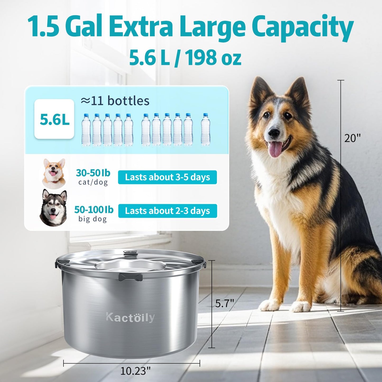 5.6L No Spill Dog Water Bowl, 1.5 Gallon Slow Water Bowl for Dogs, Spill Proof Slow Water Bowl for Messy Drinkers, Stainless Steel Dog Bowl with Anti-Slip Mat
