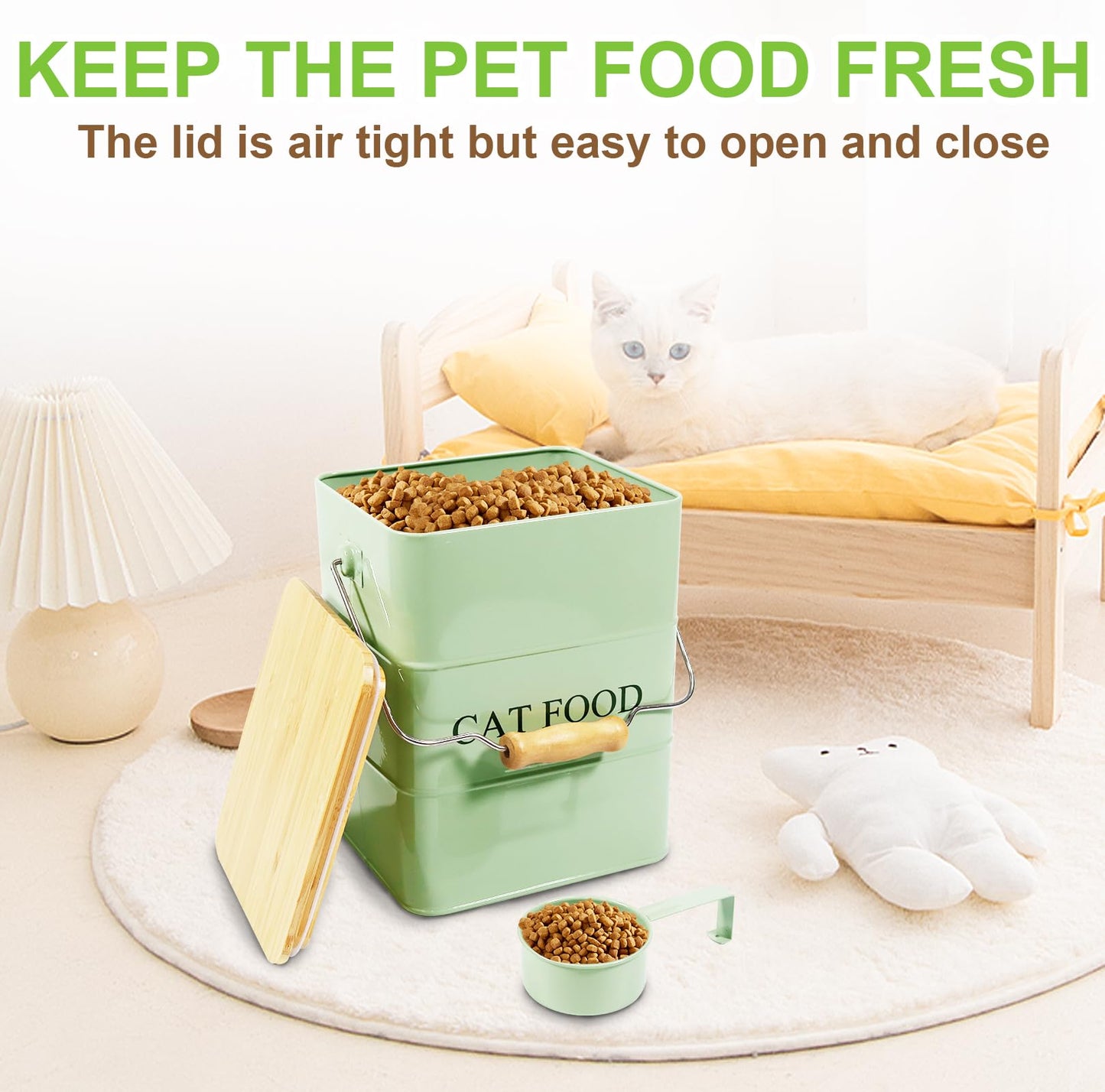 Brabtod Cat Food storage container Cat Treats Jar, Metal food treats tin for Cat, pet snacks Canisters with wooden lid/handle/sevice scoop,hold 5-6 lbs-Green