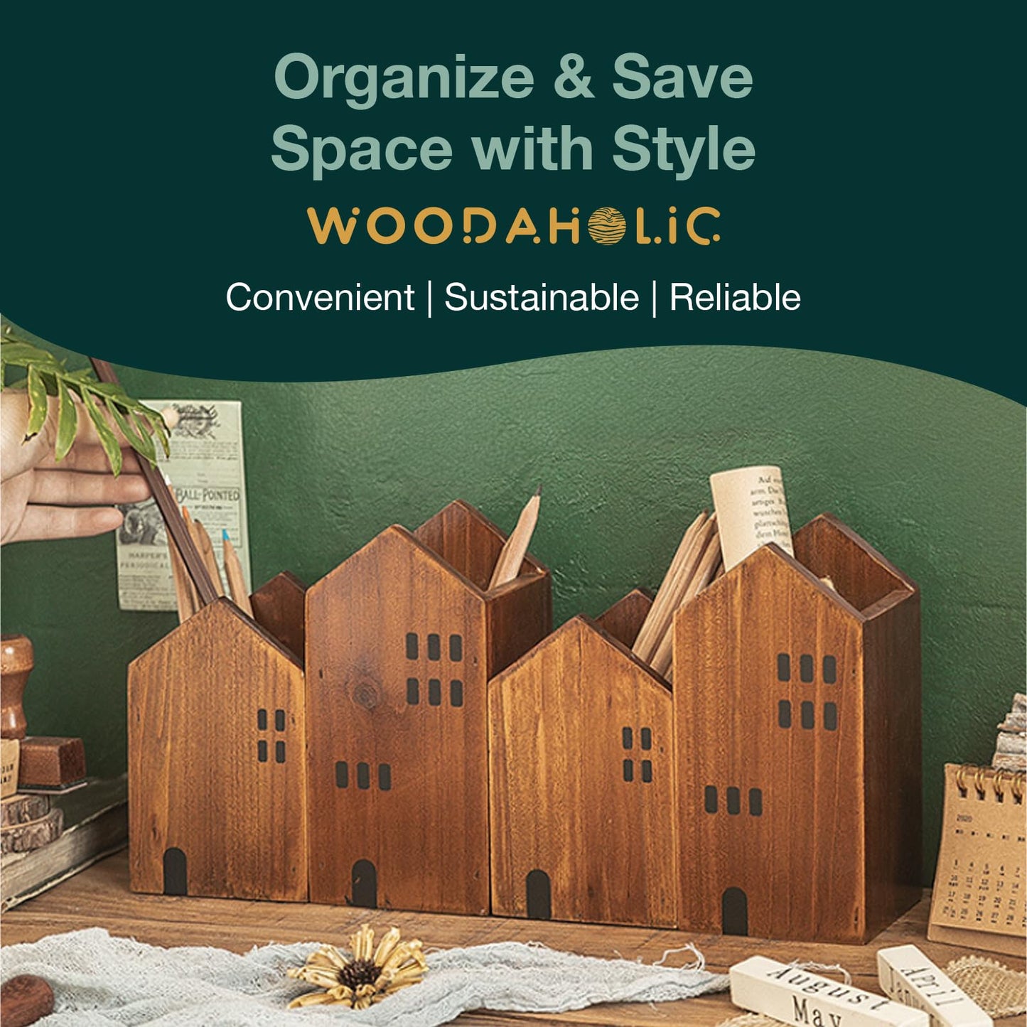 4-piece Kids Wooden Study Desk Organizers - Whimsical Farmhouse Style Table Decor Storage Box for Teacher Supplies - Girls Room Pencil Holder for Desk - Art & Stationery Supplies Organizer