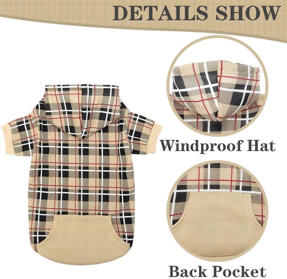 EXPAWLORER Plaid Dog Hoodie - British Style Warm Dog Sweater Shirt with Leash Hole,Pitbull Clothes Outfits,Winter Coat Apparel for All Breeds Puppy Girl Boy-Cat Apparel,Beige XL-XXLarge