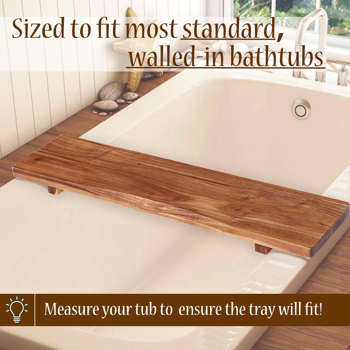 Premium Acacia Wood Bathtub Tray Caddy with Adjustable Legs, Minimalistic Design Bath Tray for Tub, Bathtub Accessories, Fit Standard Bath Tubs, Gift Idea for Women