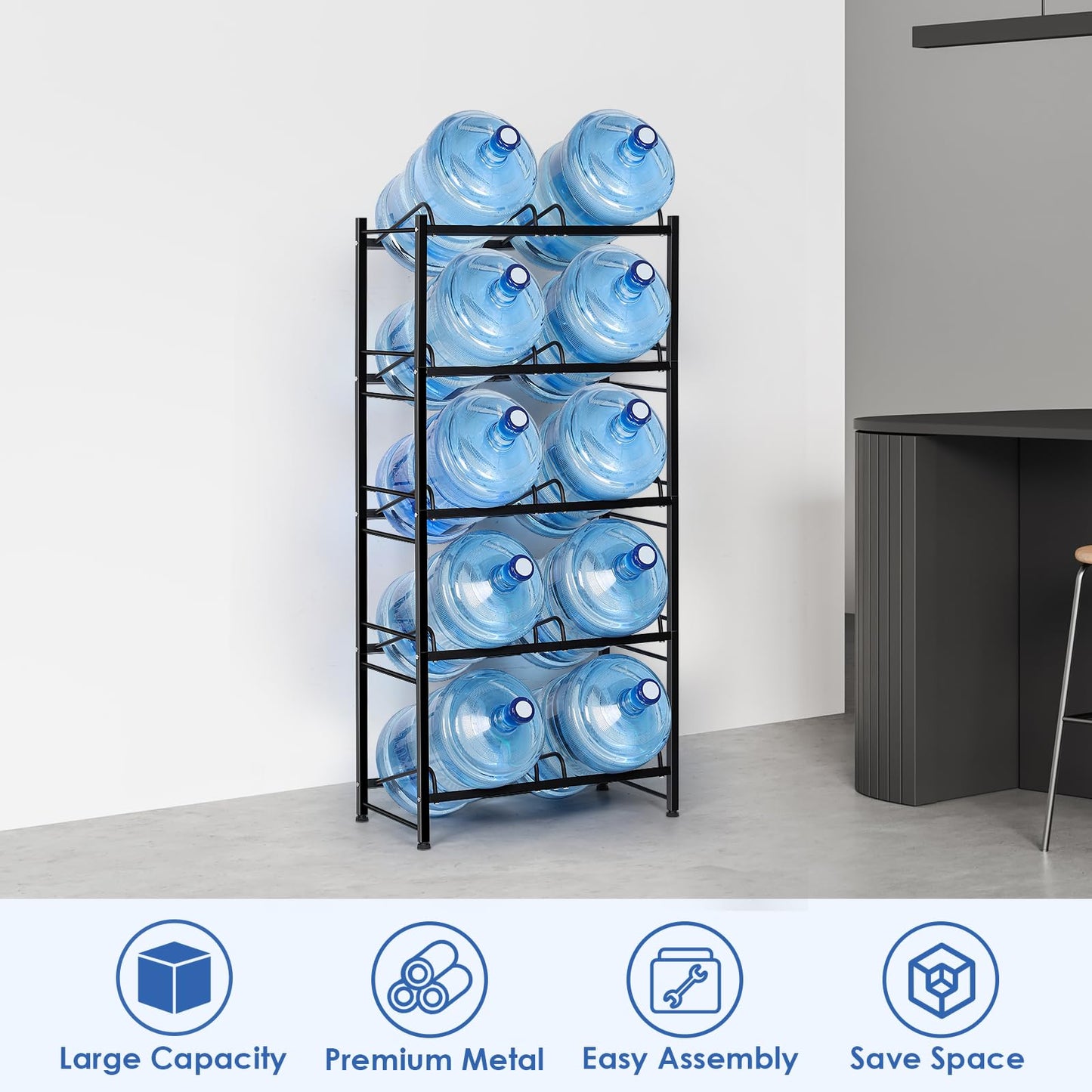 5 Gallon Water Bottle Holder Water Jug Holder 5 Tier Water Jug Rack for 10 Bottles Heavy Duty 5 Gallon Water Jug Stand Organizer Shelf for Home Kitchen Office, Space Save, Black