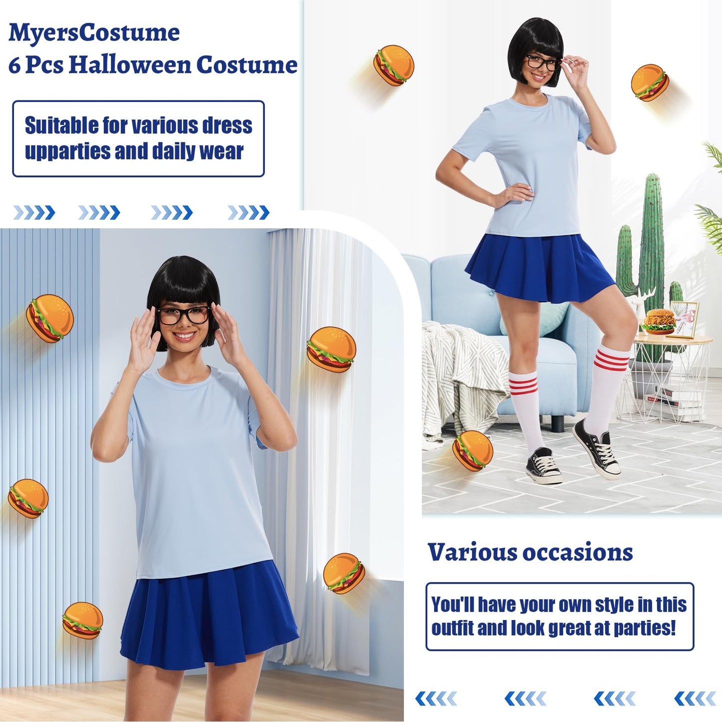 6 Pcs Halloween Nerd Costume for Women, Classic Movie Characters Costume with Bob Wigs Blue Set Socks Glasses (Large)