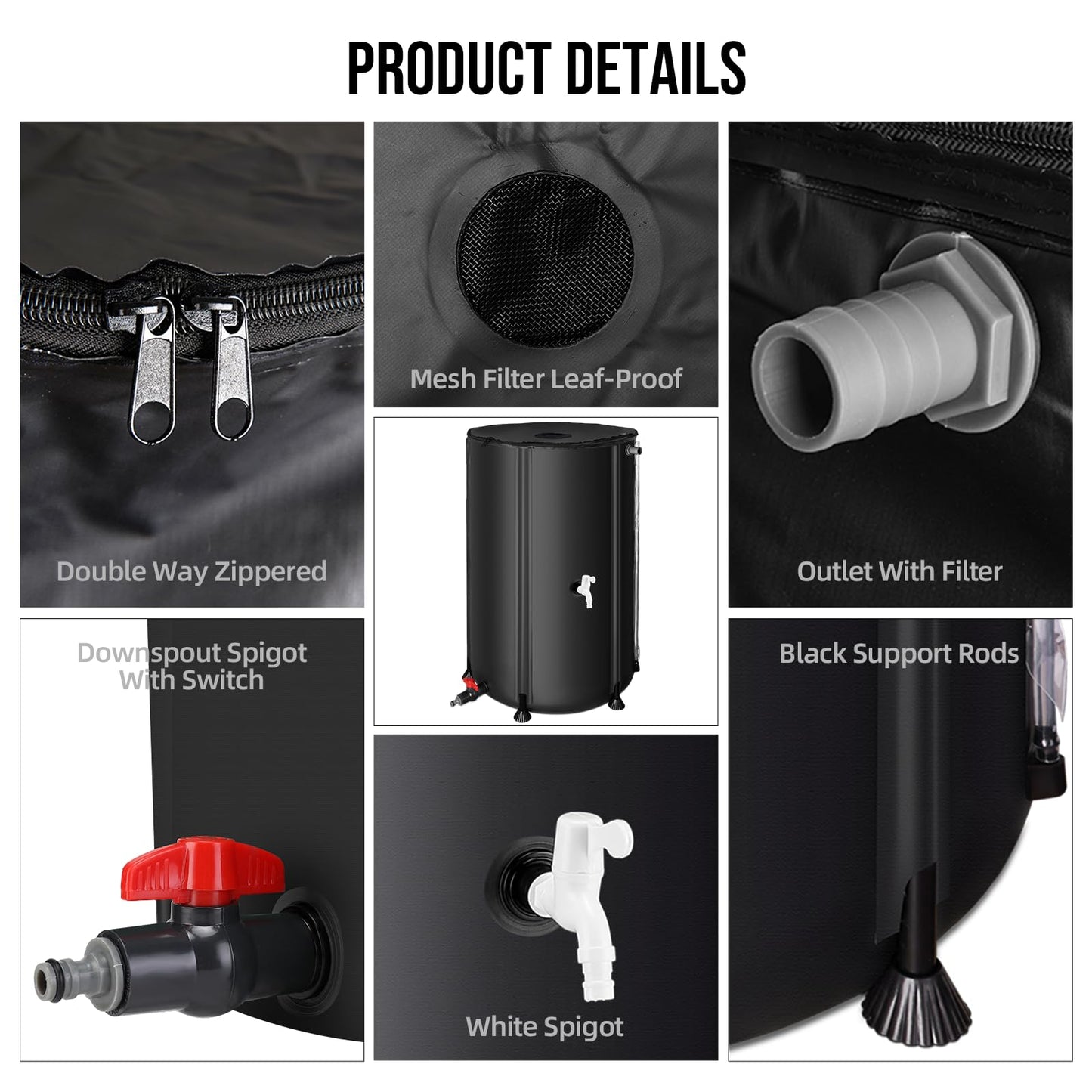Collapsible Rain Barrel Water Collection System - 100 Gallon Portable Water Storage Tank,Foldable Rainwater Collect System Downspout, Water Catcher Container with Filter, Spigots＆Overflow Kit,Black