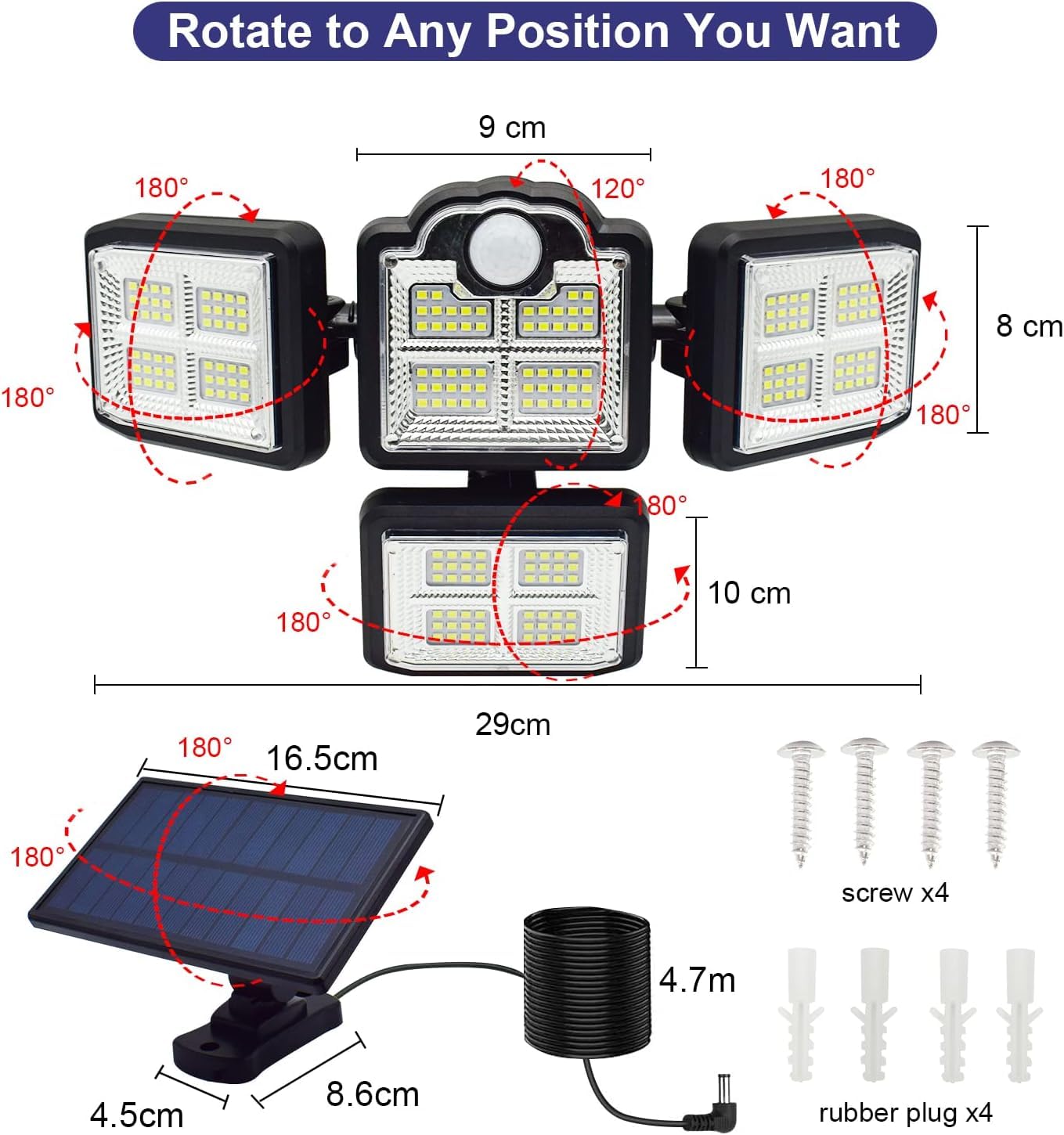 Xmart 8000LM 198 LED Solar Outdoor Lights Security Spot Lights 4 Adjustable Heads Motion Sensor Lights IP65 Waterproof 300° Wide Angle Wall Lights for Porch Yard Garage Pathway(2 Pack)