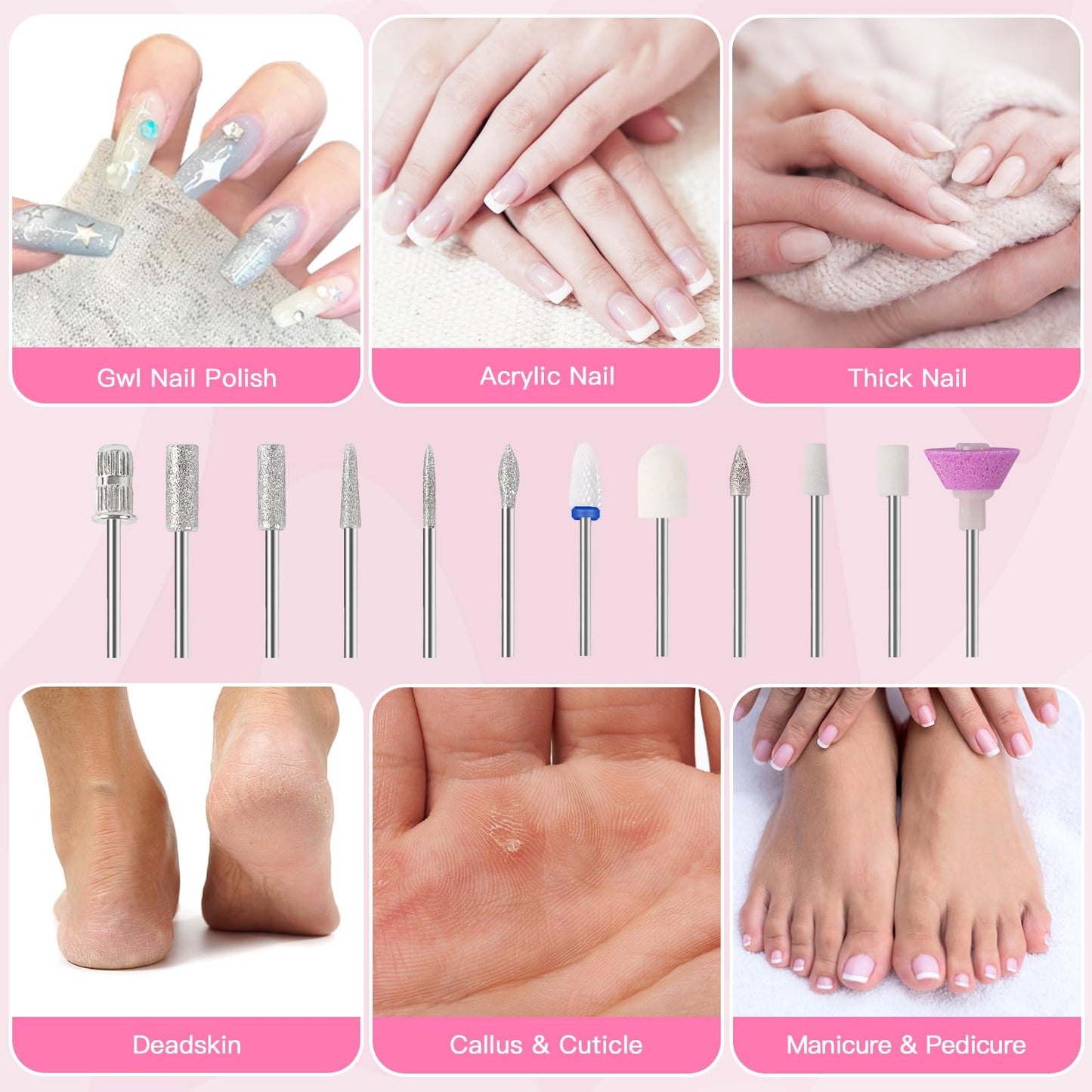 HEBECA Cordless Nail Drill Set - Professional Electric Nail File with 12 Drill Bits 26 Sanding Bands for Natural or Acrylic Gel Nails -Rechargeable Nail Drill Machine Home Use