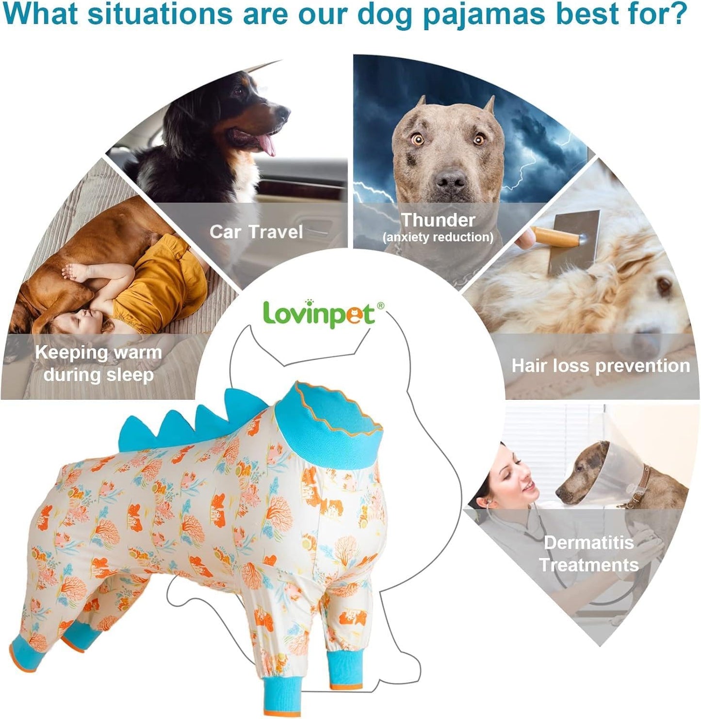 LovinPet Big Dog Jammies, Large Dog Pajamas, Anti Licking Shirt Lightweight Coral Peach Print, UV Protection Shirt, Easy to Wear Adorable Dog Onesie,Blue XXL