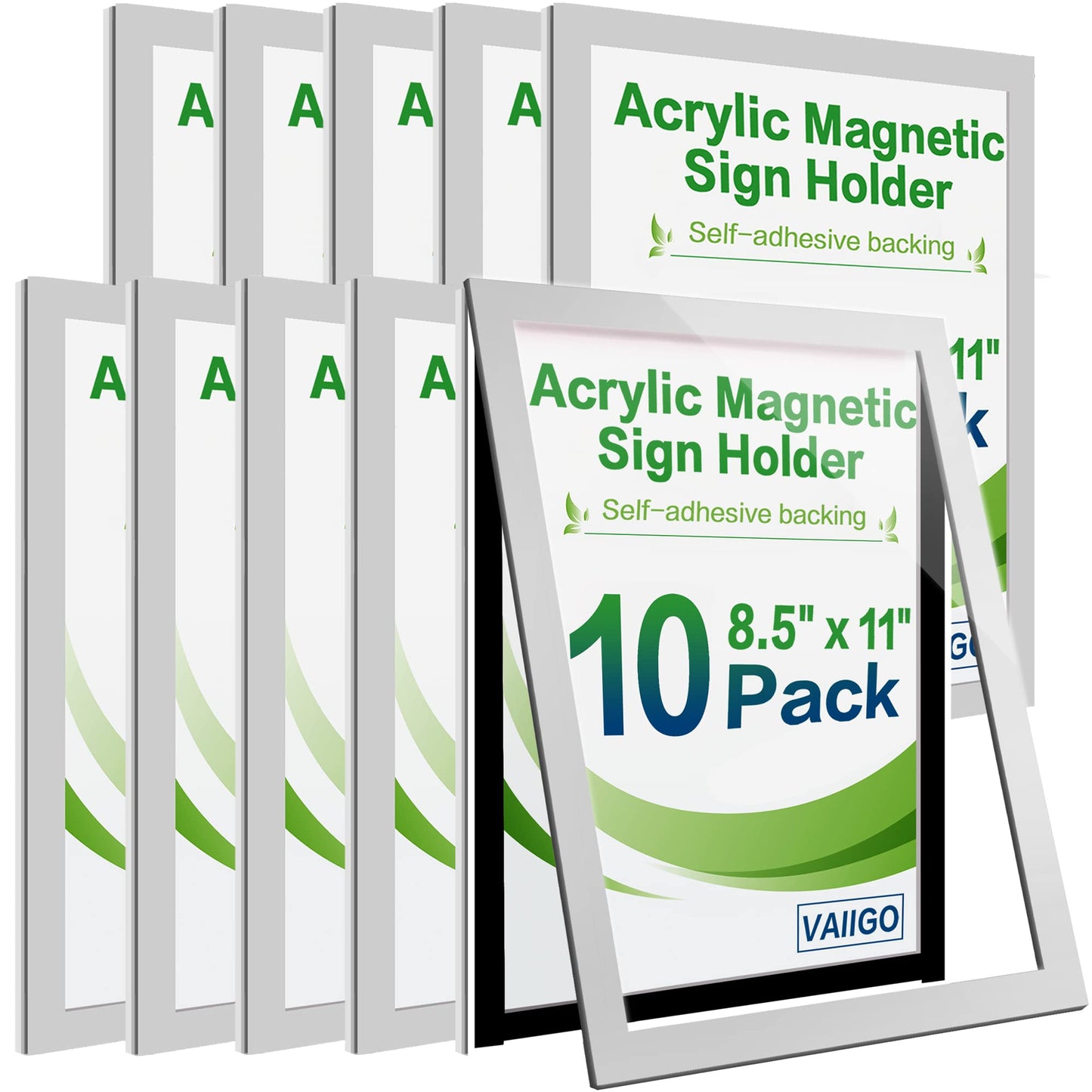 VAIIGO Acrylic Sign Holder 8.5" x 11" Wall Mount, Self Adhesive Magnetic Display Frame with Nano Tape, Plastic Clear Document Frame for Office, Store, School, Home, Wall Picture Frame (Silver, 10Pack)