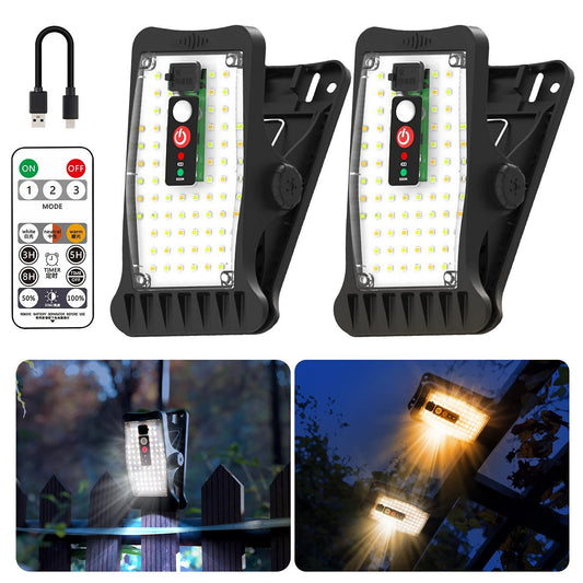 Clip On Solar Motion Lights Outdoor Waterproof, 800LM, 70 LED, 3 Color Temperature, USB & Remote Control, 2 Pack Portable Solar Powered Light Outside for Gutters Fence Garage Camping