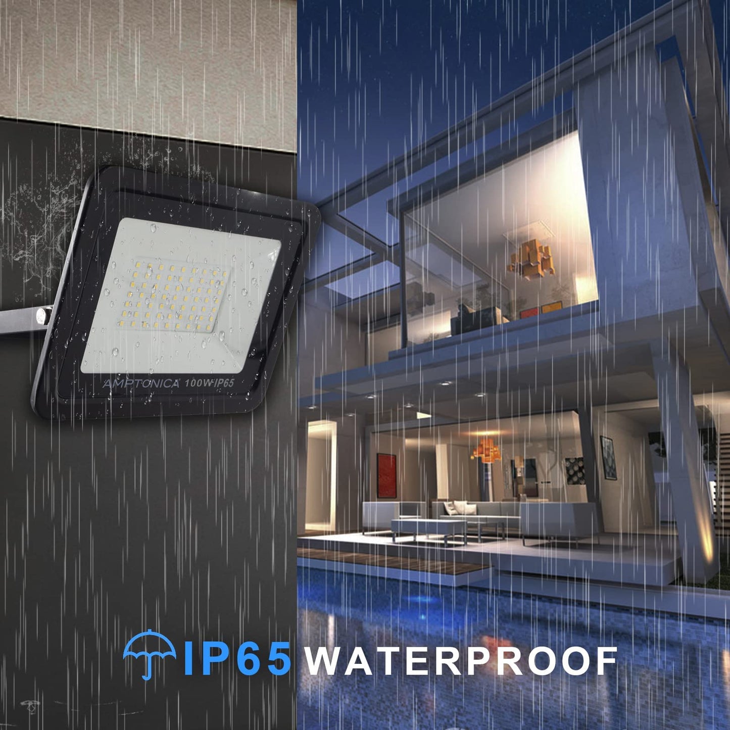 Amptonica LED Flood Light, 100W 10000 Lumen Waterproof Outdoor Floodlights with Plug, 5000K Daylight Exterior Flood Light, 500W HPS Equivalent LED Work Light for Landscape, Garden, Yard, 2 Pack