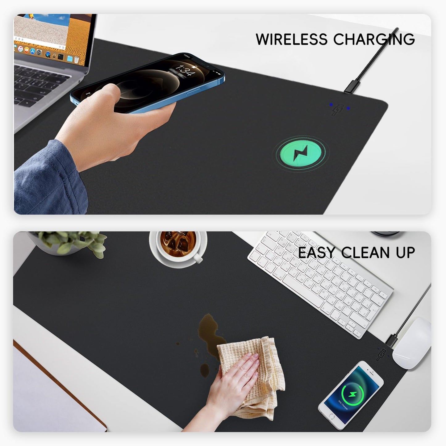 Wireless Charging Desk Mat and Leather Mouse Pad Combo - Organize Your Workspace with This Multi-Functional Desk Pad Mat, Offering Wireless Charging and a Sleek Mouse Pad Surface (Black-R,32"*16")