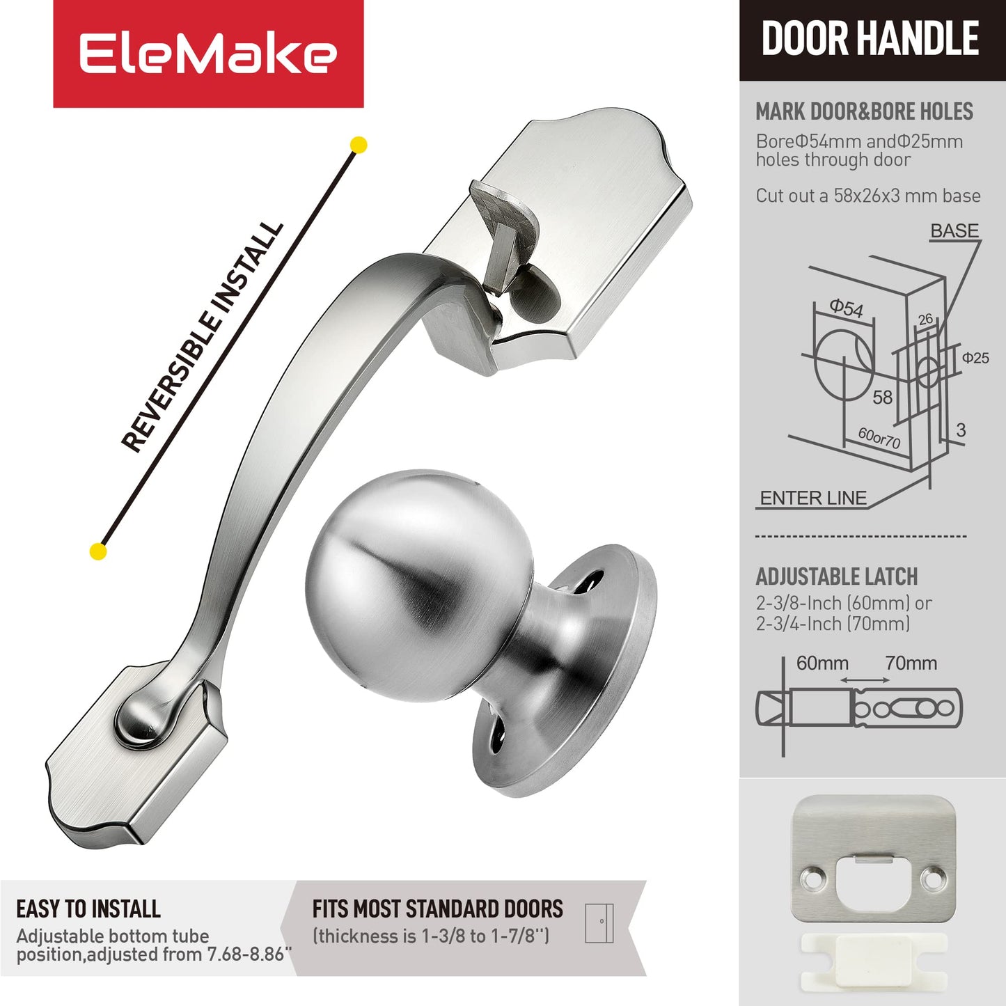 Bravex Front Entry Handleset Half with Knob, Satin Nickel, Interior and Exterior Entrance Passage Lock, Round Non-Locking Door Handles