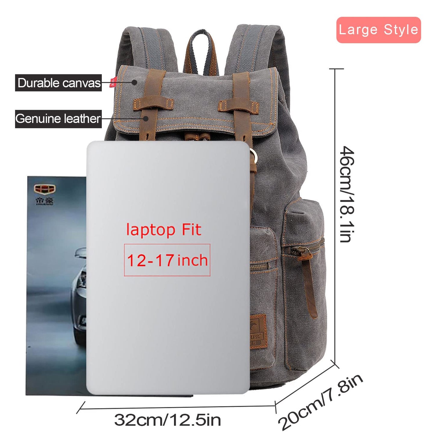 AUGUR Canvas Laptop Backpack, 17 inch Laptop Backpack Unisex Vintage Leather Casual School College Bags Bookbag Hiking Travel Rucksack Business Daypack (L-Grey)