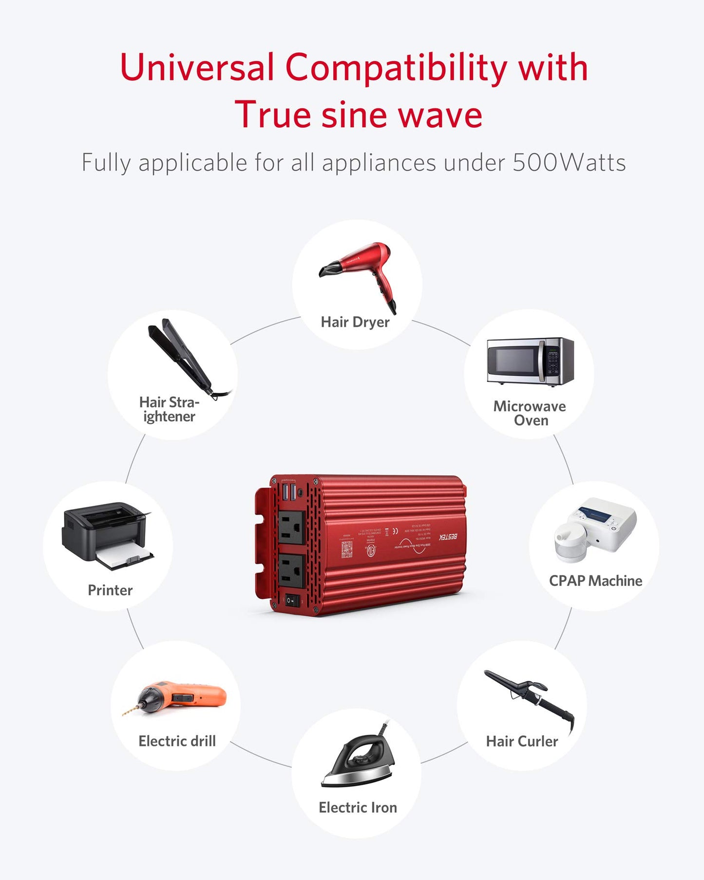 BESTEK 500W Pure Sine Wave Power Inverter DC 12V to AC(2 Outlets) 110V Car Charger Plug Inverter Adapter Converter with 4.2A Dual USB Charging Ports, ETL Listed
