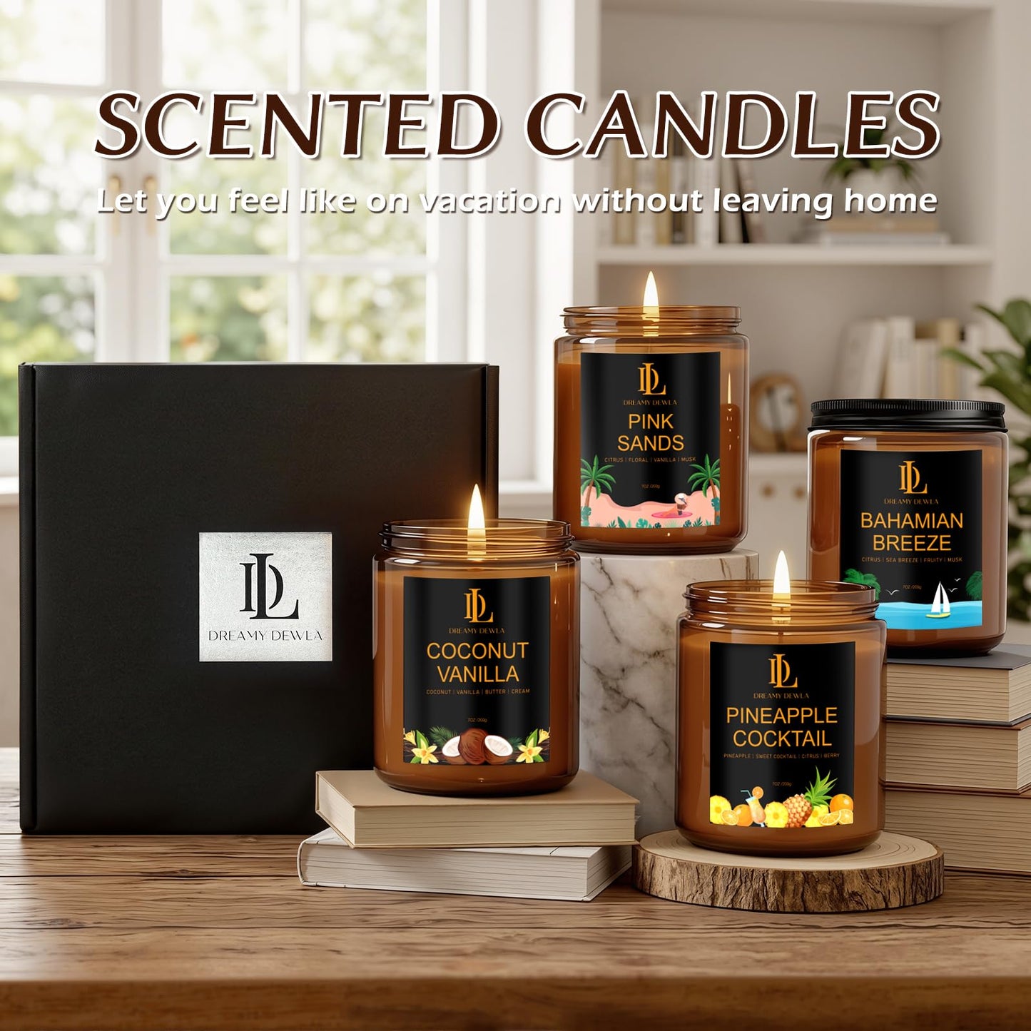 Scented Candles Gift Set, 4 Pack 28oz 200 Hours Burn, Candles for Women Men, Scents of Pineapple Cocktail/Coconut Vanilla/Pink Sands/Bahamian Breeze