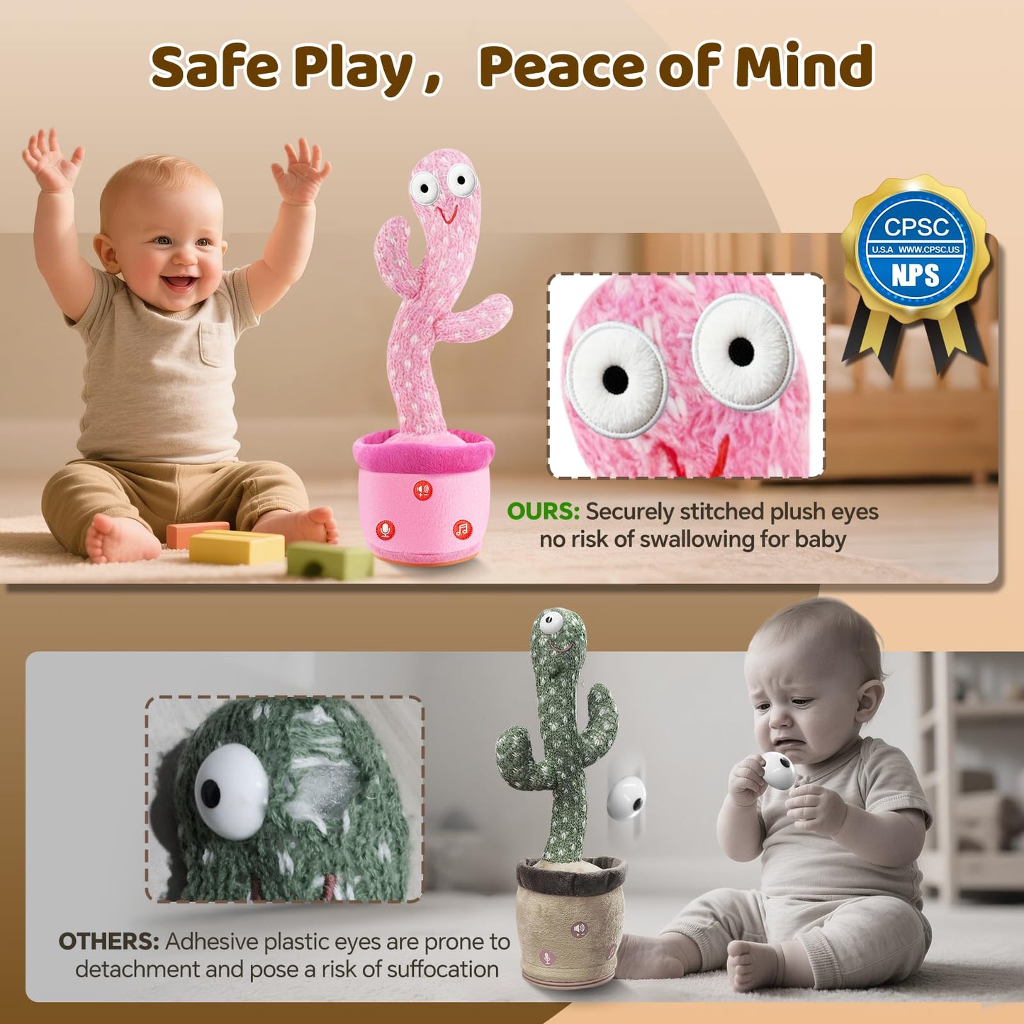 SANJOIN Rechargeable Dancing Talking Cactus Toy for Toddlers 18 Months+, Baby Girl Toys with Volume Adjustable, Mimicking, Recording and Singing, Baby Girl Gifts, Easter Basket Stuffers for Girls Boys