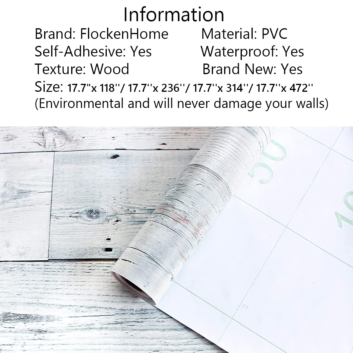 FlockenHome 17.7"x 472" Peel and Stick Wallpaper Self-Adhesive Shiplap Light Grey/White Distressed Wood Plank Removable repasted Decorative