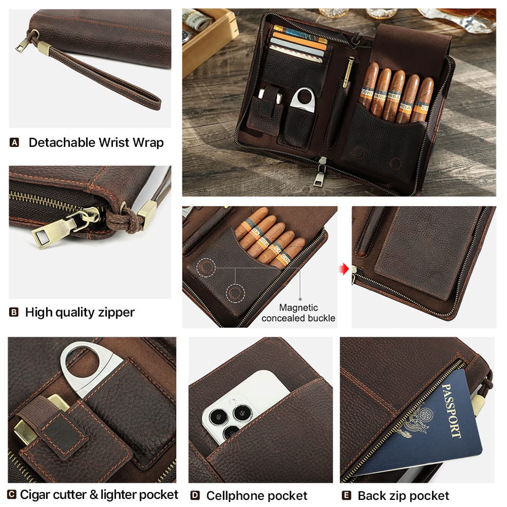 Contacts Cigar Humidor Leather Business Cigars Box Travel 5 Finger Cigars Clutch Organizer with Cigar Cutter Slot Lighter Slot