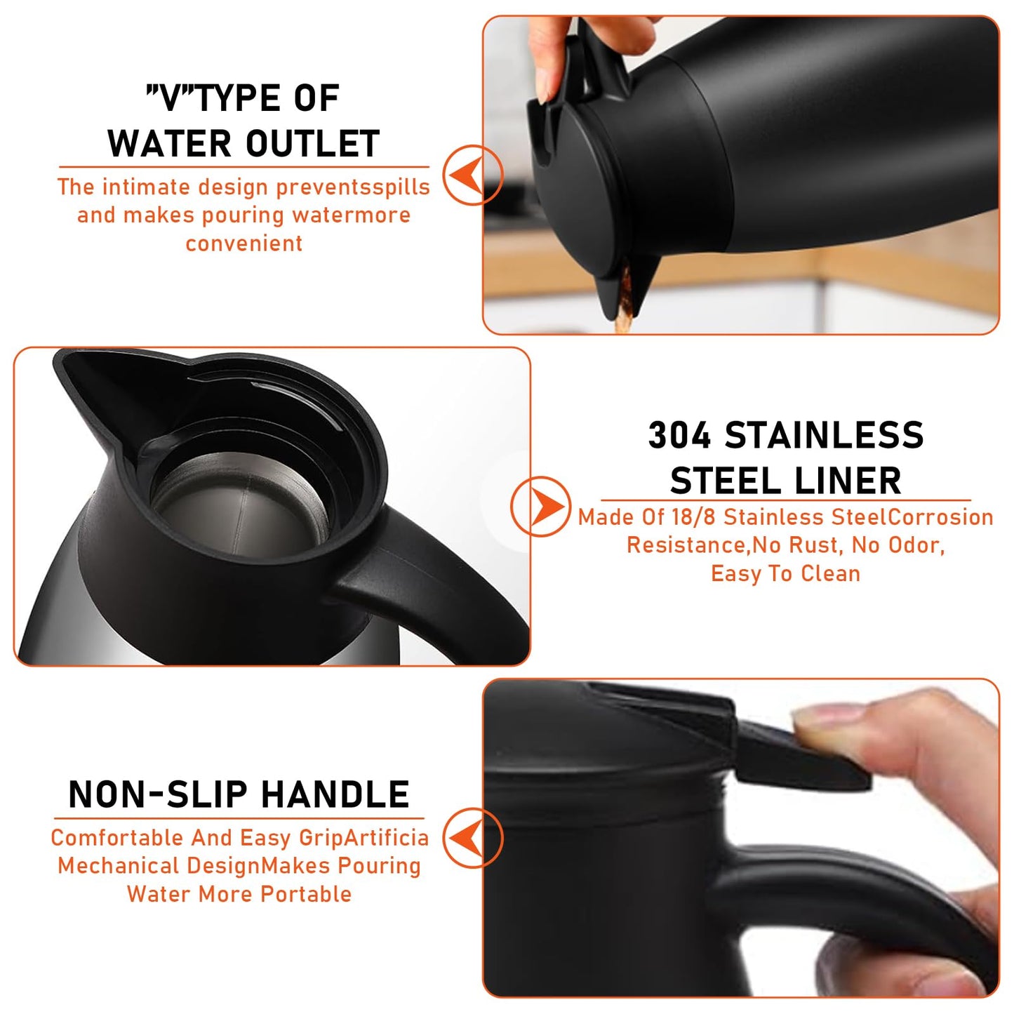 2 Pcs 68 oz Thermal Coffee Carafe Insulated Stainless Steel Coffee Carafe for Hot Liquids Vacuum Thermal Pot Creamer Carafe Dispenser with Brushes Keeping Hot 12 Hours (Silver, Black)