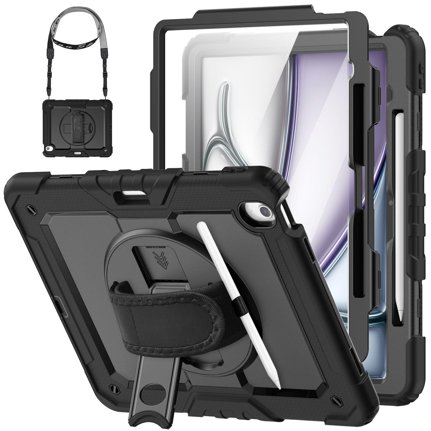 HXCASEAC Shockproof Case for iPad Air 13 inch 2025/2024, with Screen Protector/ 360° Rotating Hand Strap Stand/Carrying Strap, Heavy Duty Protective Cover for iPad Air 13 M3/M2, Black