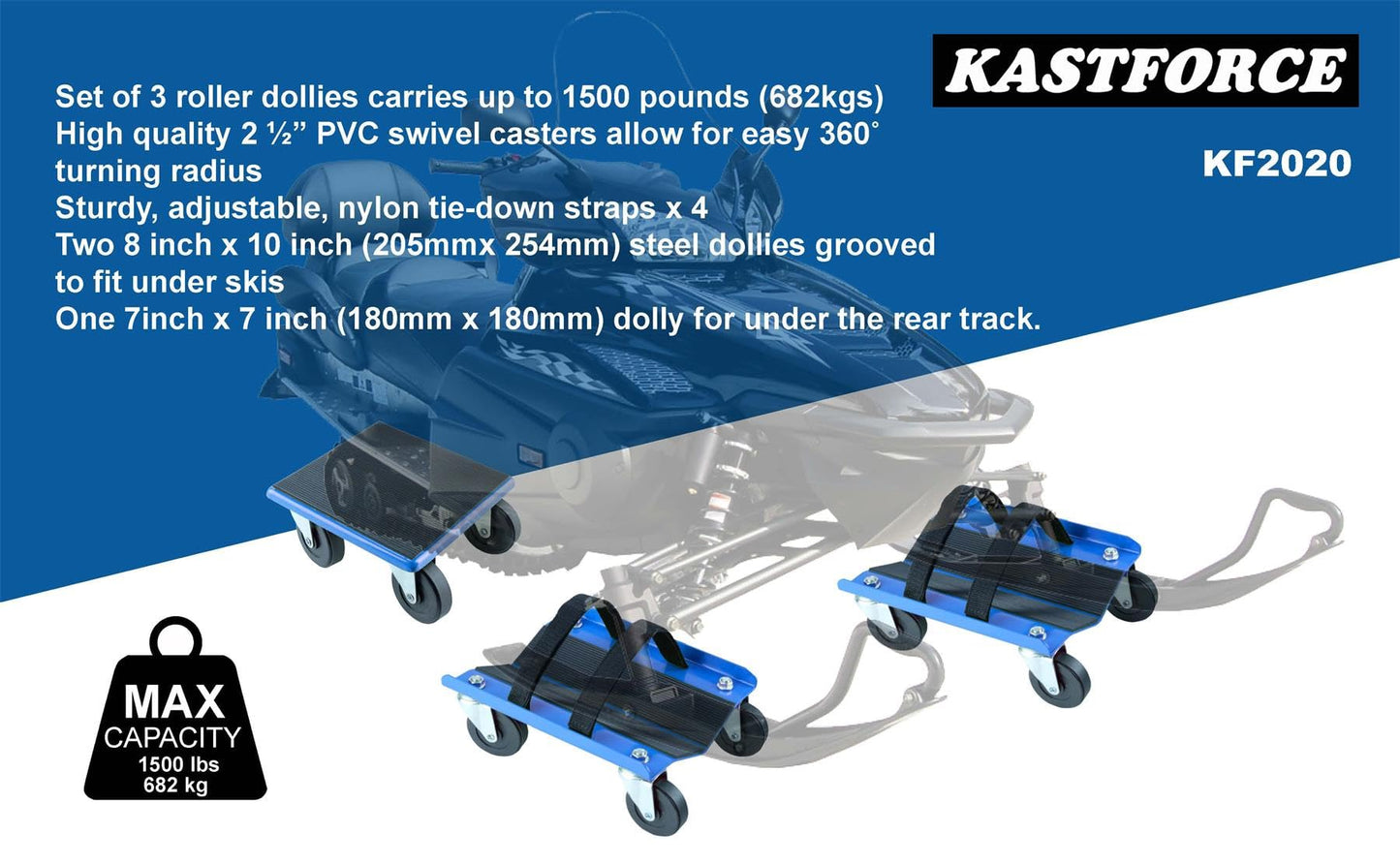 KASTFORCE Snowmobile Dollies Full-Rubber-Pad-Protection Heavy Duty Dollies Carries up to 1500 lbs (682 kg) V-Slide with 2.5 Inch Swivel Casters 2 Pairs of Heavy Duty Straps KF2020