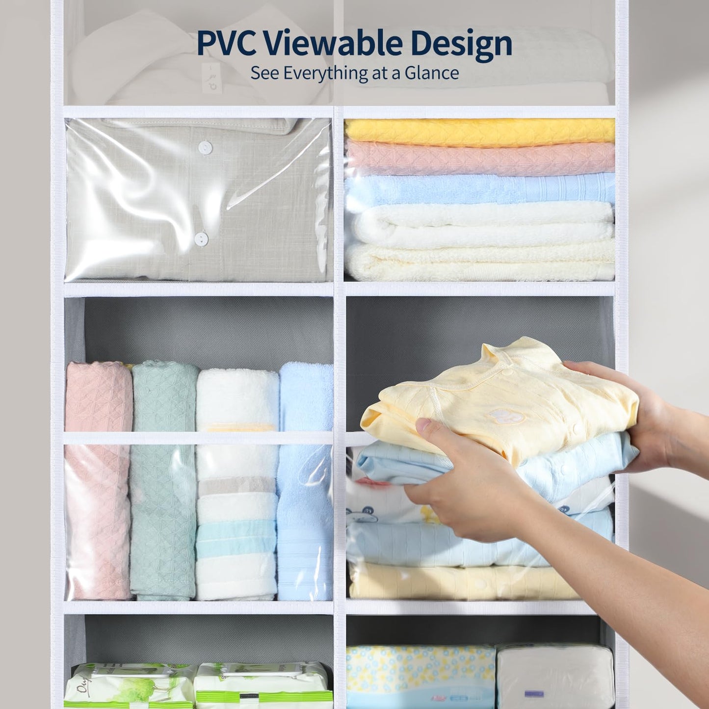 Yecaye Over The Door Organizer 5 Tier, 80lb Capacity Extra Large Behind Door Storage of 10 Clear Window, Heavy Duty Door Hanging Organizer for Closet Bedroom Bathroom Diaper Nursery, Double, Gray