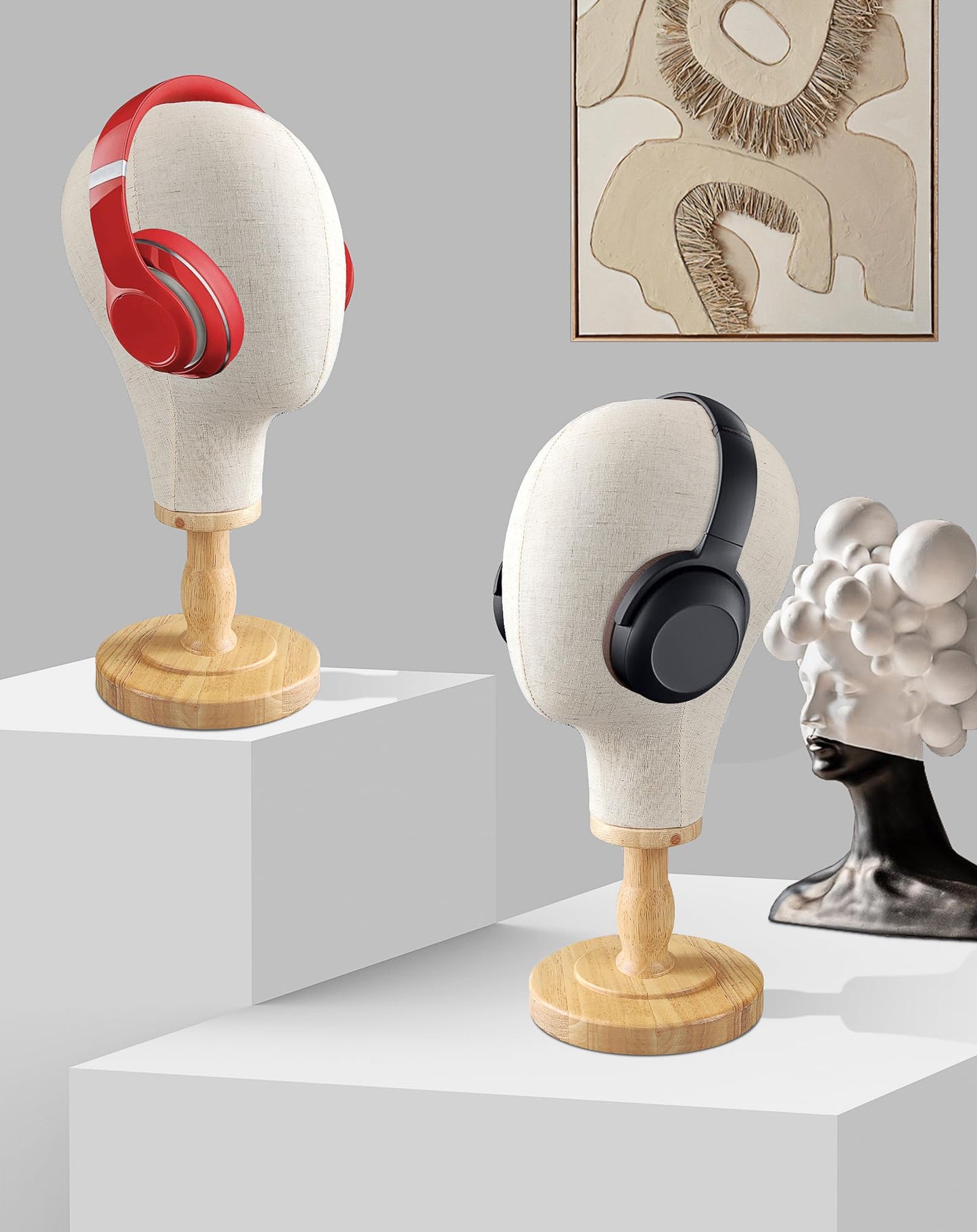 CHADWICK 21" Wig Head Stand, Mannequin Head Dome Canvas + Detachable Wood Stand, Hats Caps Display Canvas Block Mannequin Head Model