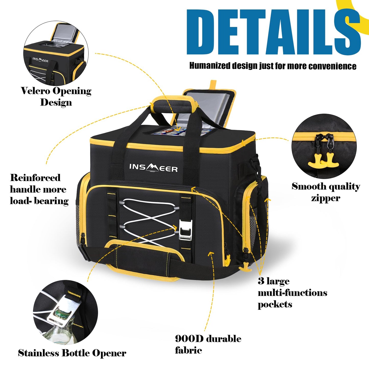 INSMEER 55 Cans/45L Large Soft Side Cooler with Hard-Bottom 100% Leak-Proof/Portable/Insulated/Collapsible Lunch Cooler Bag/glaciere for Camping,Beach,Picnic,Grocery Shopping,Road Trip
