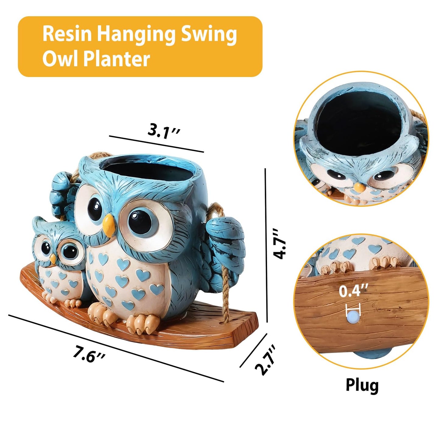Swing Owl Hanging Planters for Indoor Plants, No-Drill Cute Resin Succulent Pots with Drainage Hole & Plug, Hanging Plant Holder for String of Pearls, Unique Gardening Gifts for Mom & Women