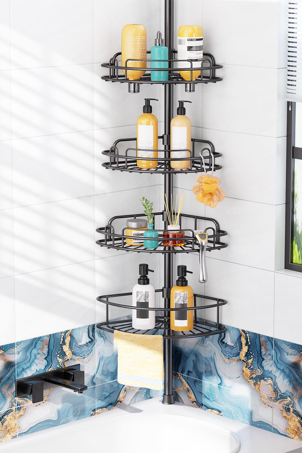 HAMITOR Corner Shower Caddy Tension Pole: 4-Tier Stainless Steel Bathroom Organizers Shelves, High Capacity Bathroom Storage Rack for Shampoo, Soap and Towel-Adjustable from 47 to 121 in, Black