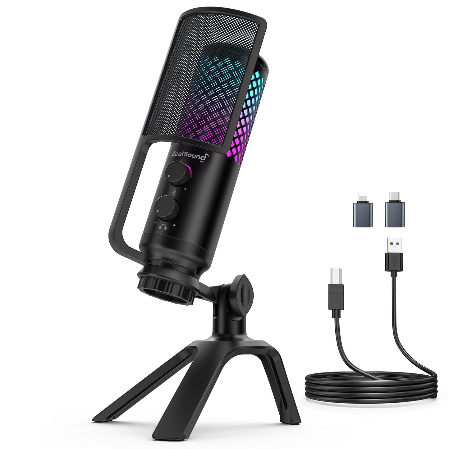ZealSound Podcast Microphone for PC/Mac/iPhone/Phone – 96kHz/24bit USB Condenser Mic with Noise Reduction, Tap-to-Mute, Gain Control, Zero-Latency Monitor, RGB Light for Streaming, Gaming, Recording