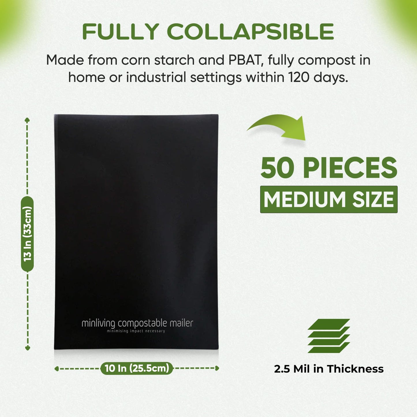 100% Compostable Biodegradable Mailers 10x13 inch (50 Pcs) Poly Mailers, Eco-Friendly Packaging Envelopes Pouches. Reusable Double Sealing, Extra Thick, Zero-Waste mailing Bags (M Size, 10" x 13")