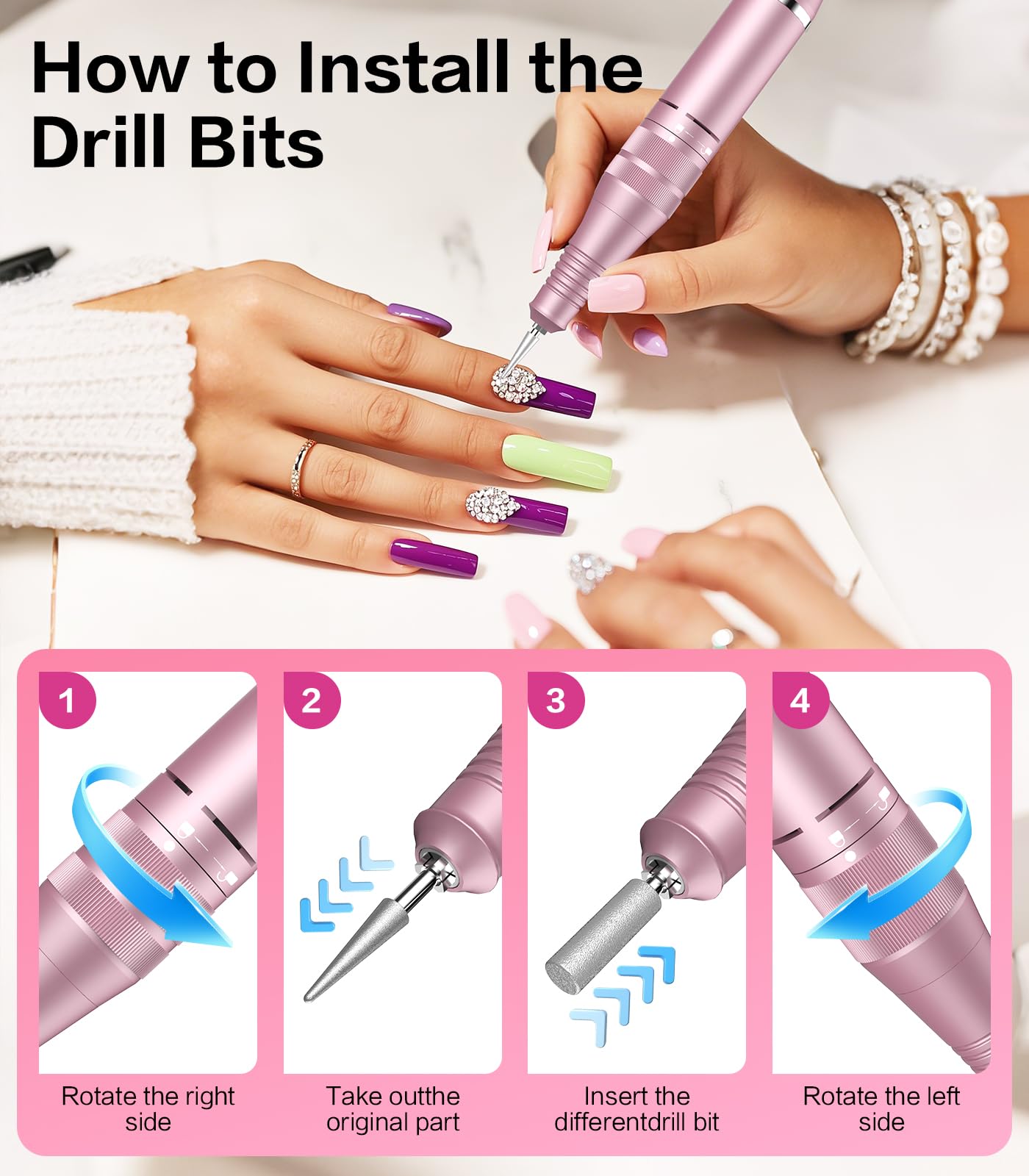 Professional Electric Cordless Nail Drill File with 11 Nail Drill Bits, 35000RPM DIY Glitter e Filer for Nails Kit Machine for Acrylic Nails Gel Polishing for Manicure Salon Home