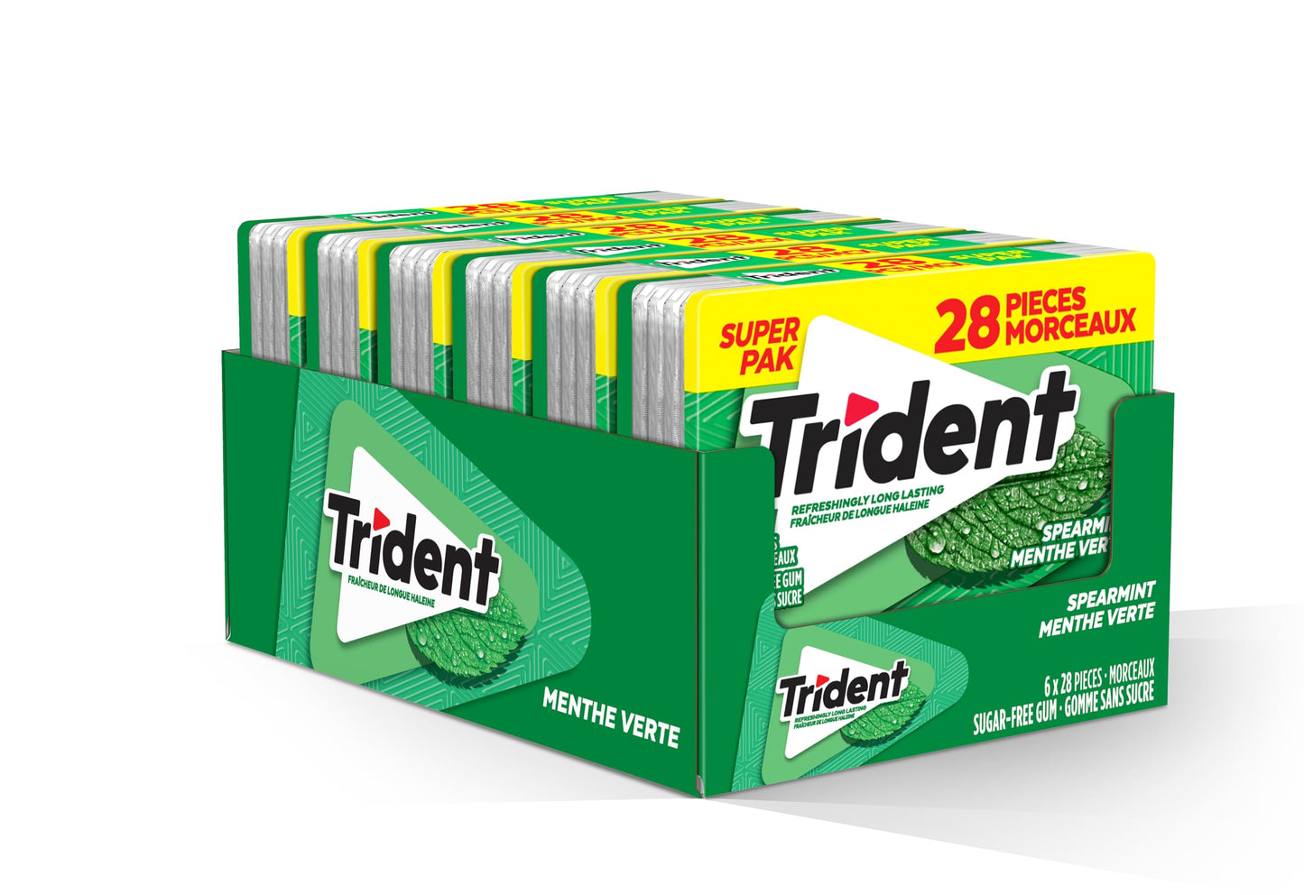 Trident, Spearmint Sugar-free Gum Mega Pack - Box of 6 Packs (168 Pieces)
