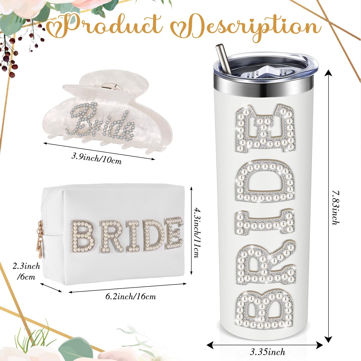 Toulite 5 Pcs Bridal Shower Gifts, Include Bride Robe Soft Kimono Robe, Bride Tumbler Cup, Claw Clip Hair Clip, Bridesmaid Proposal Gift Scrunchies, Cosmetic Travel Toiletry Bag for Women Party Favors