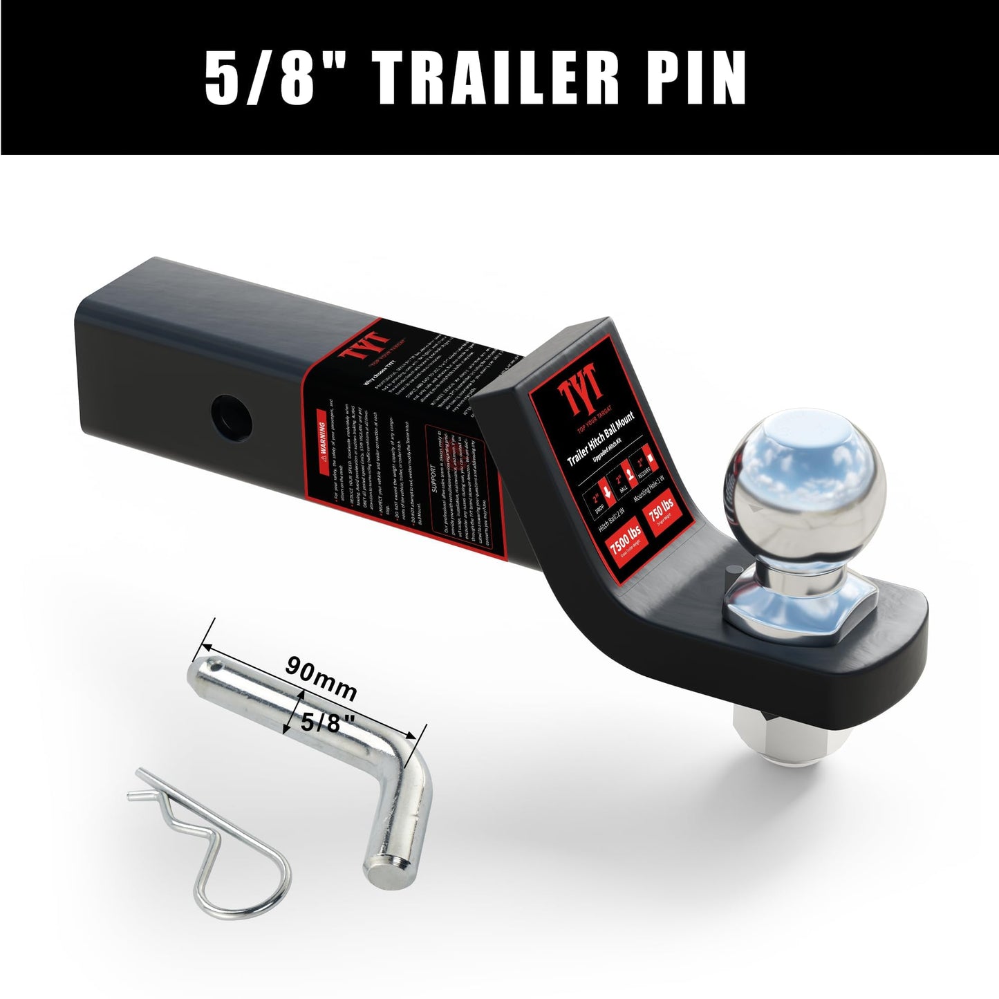 TYT Trailer Hitch Ball Mount with 2 Inch Ball & Pin, Fits 2 Inch Receiver, 7500lbs, 2 Inch Drop, Upgraded Hitch Kit Black with Anti-Rattle Pin
