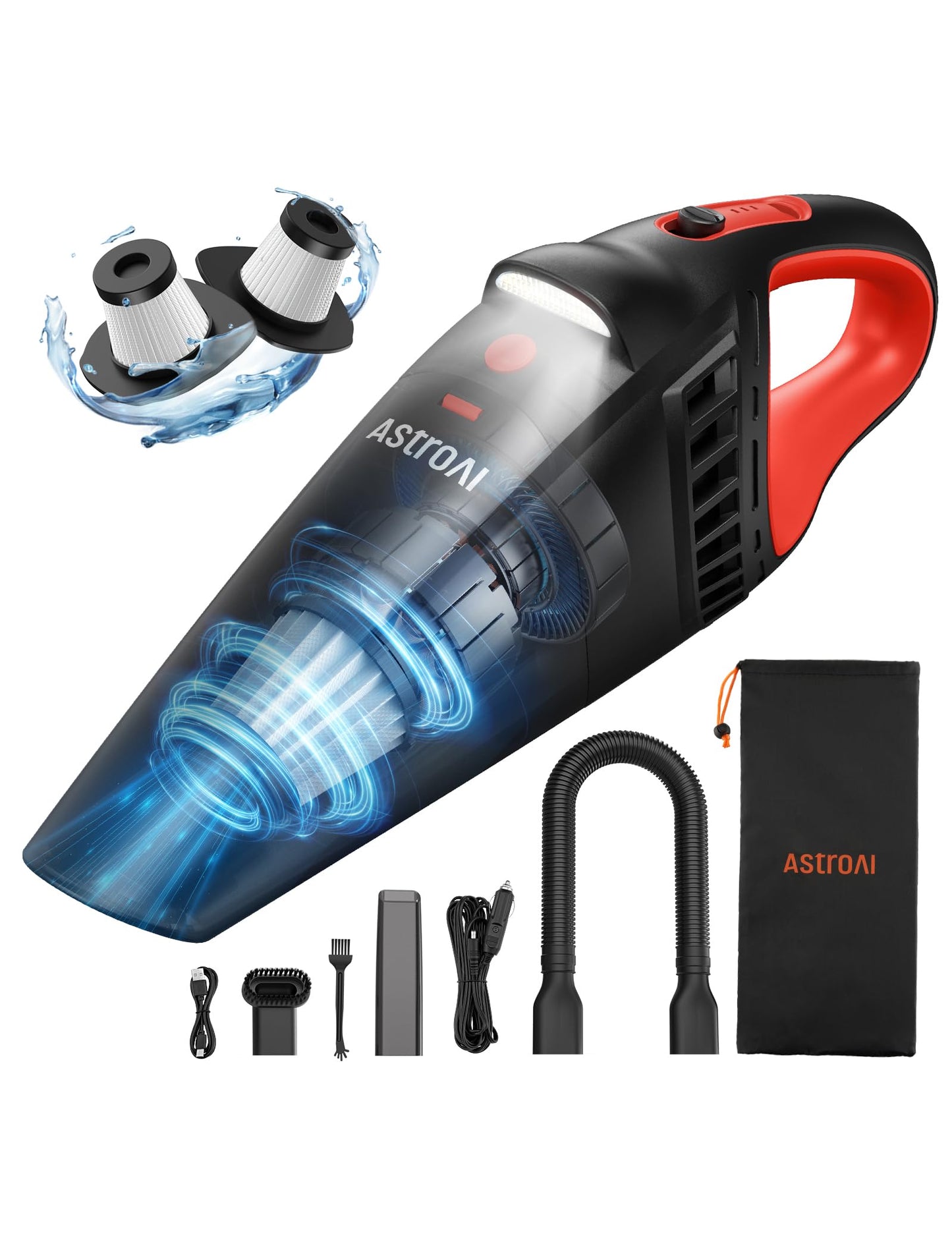 AstroAI Car Vacuum Cleaner Cordless, Handheld Vacuum with 6000mAh & 12V DC, LED Light, Brush, Extended Nozzle, Hose, Rechargeable Hand Held Vacuum for Car, Home, Office & Pet Cleaning