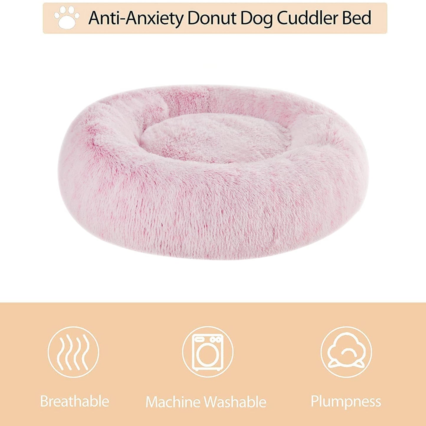 BFPETHOME Calming Dog Bed Cat Bed Donut, Faux Fur Pet Bed Self-Warming Donut Cuddler, Comfortable Round Plush Dog Beds (76 x 76 x 25 cm, Light Pink)