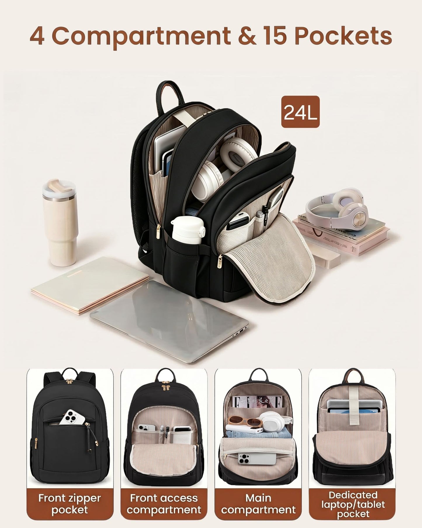 LOVEVOOK Laptop Backpack Purse for Women, Black, 17.3 inches, Modern, Stylish