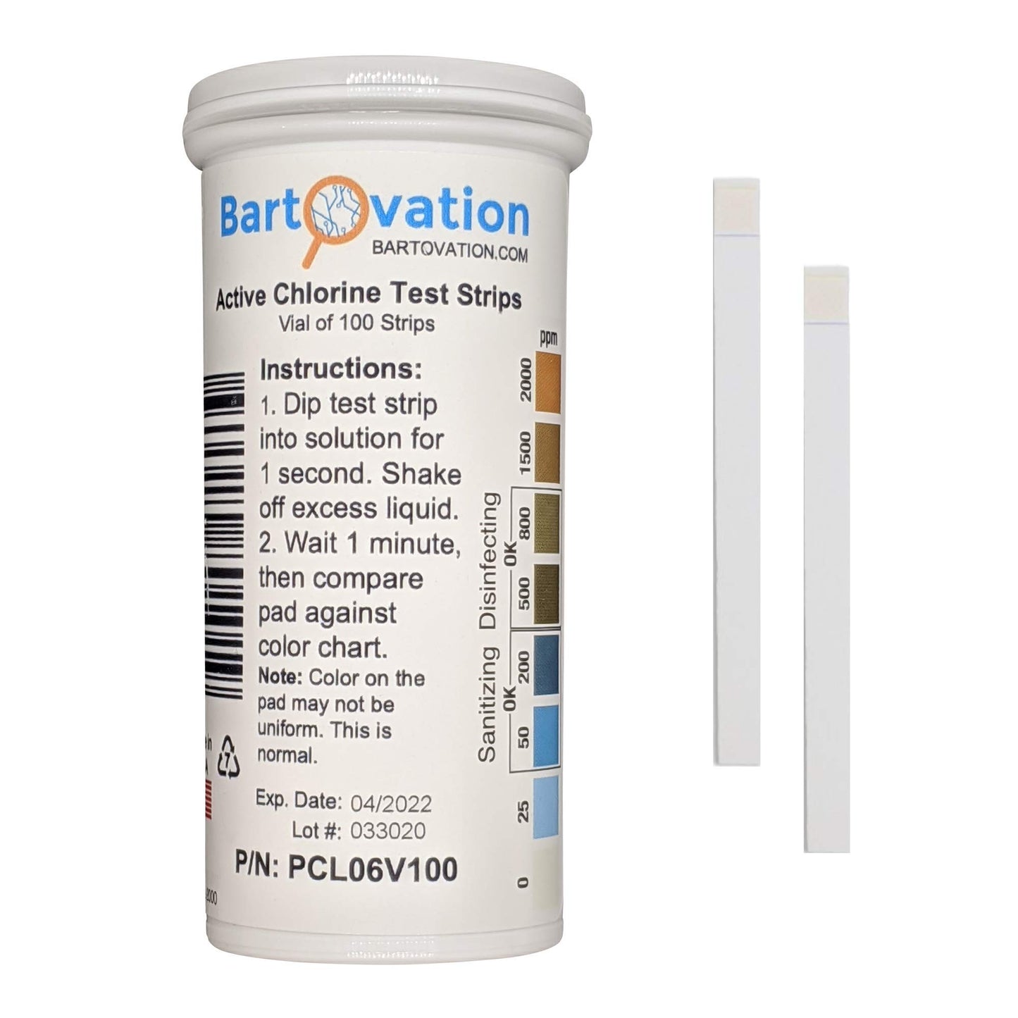 Active Chlorine/Bleach Test Strips, 0-2000 ppm, Designed for Daycares and Senior Homes for Sanitizing and Disinfecting [Vial of 100 Strips]