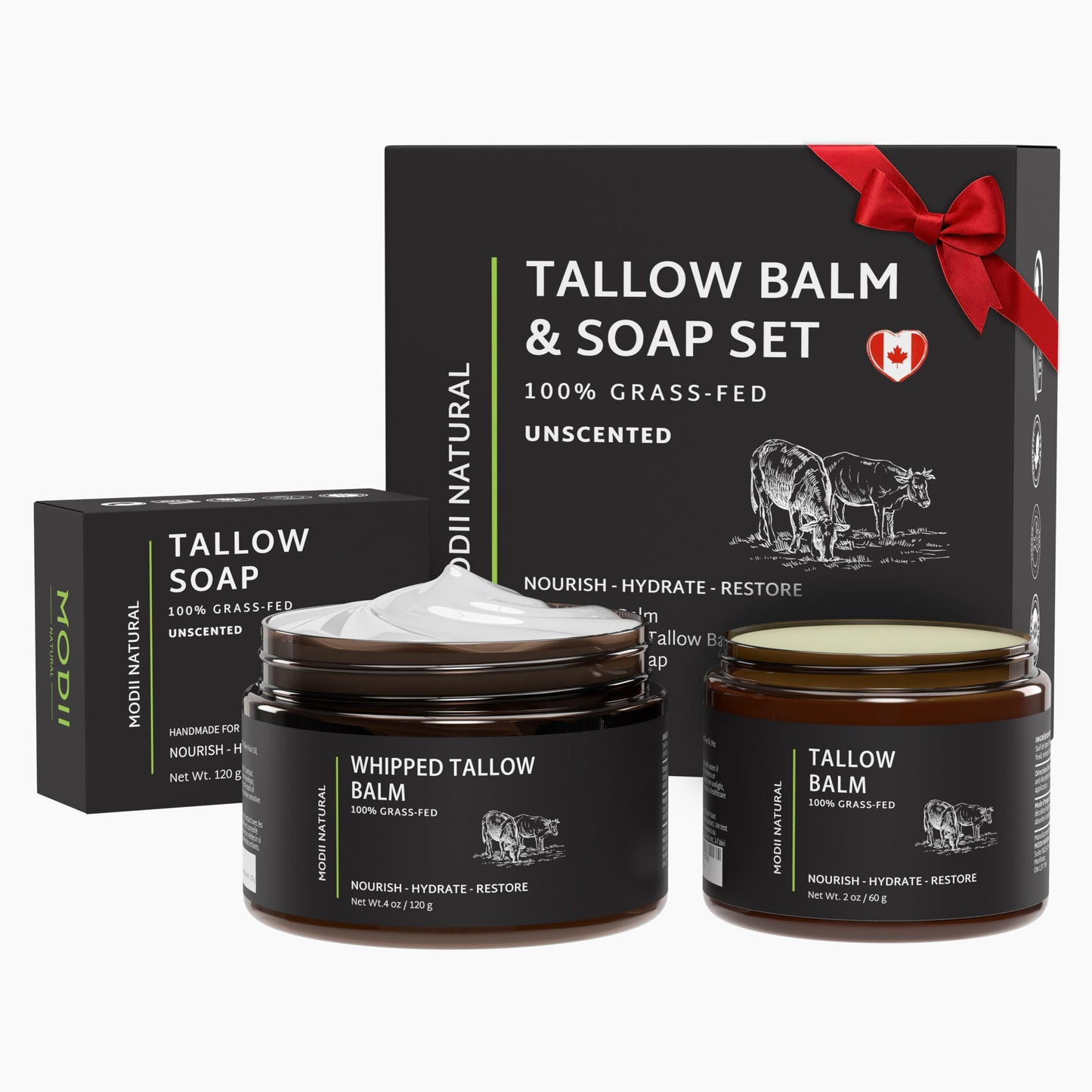 Beef Tallow Skincare Gift Set – 3-in-1 Bundle with 100% Grass-Fed Tallow Balm, Whipped Tallow Moisturizer & Handmade Tallow Soap – Natural, Unscented, Nourishing – 60g Balm, 120g Cream, 120g Soap