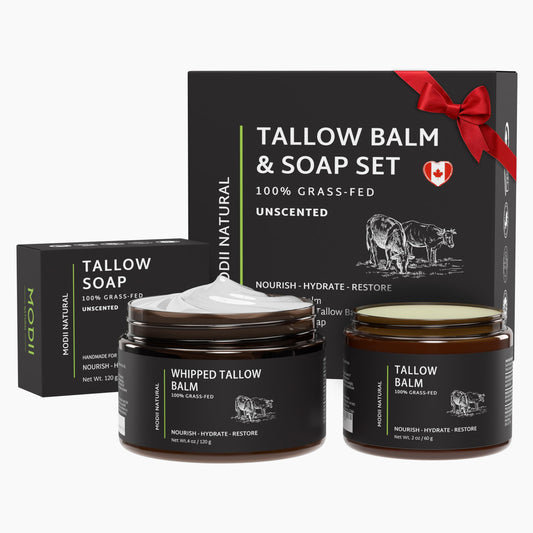 Beef Tallow Skincare Gift Set – 3-in-1 Bundle with 100% Grass-Fed Tallow Balm, Whipped Tallow Moisturizer & Handmade Tallow Soap – Natural, Unscented, Nourishing – 60g Balm, 120g Cream, 120g Soap